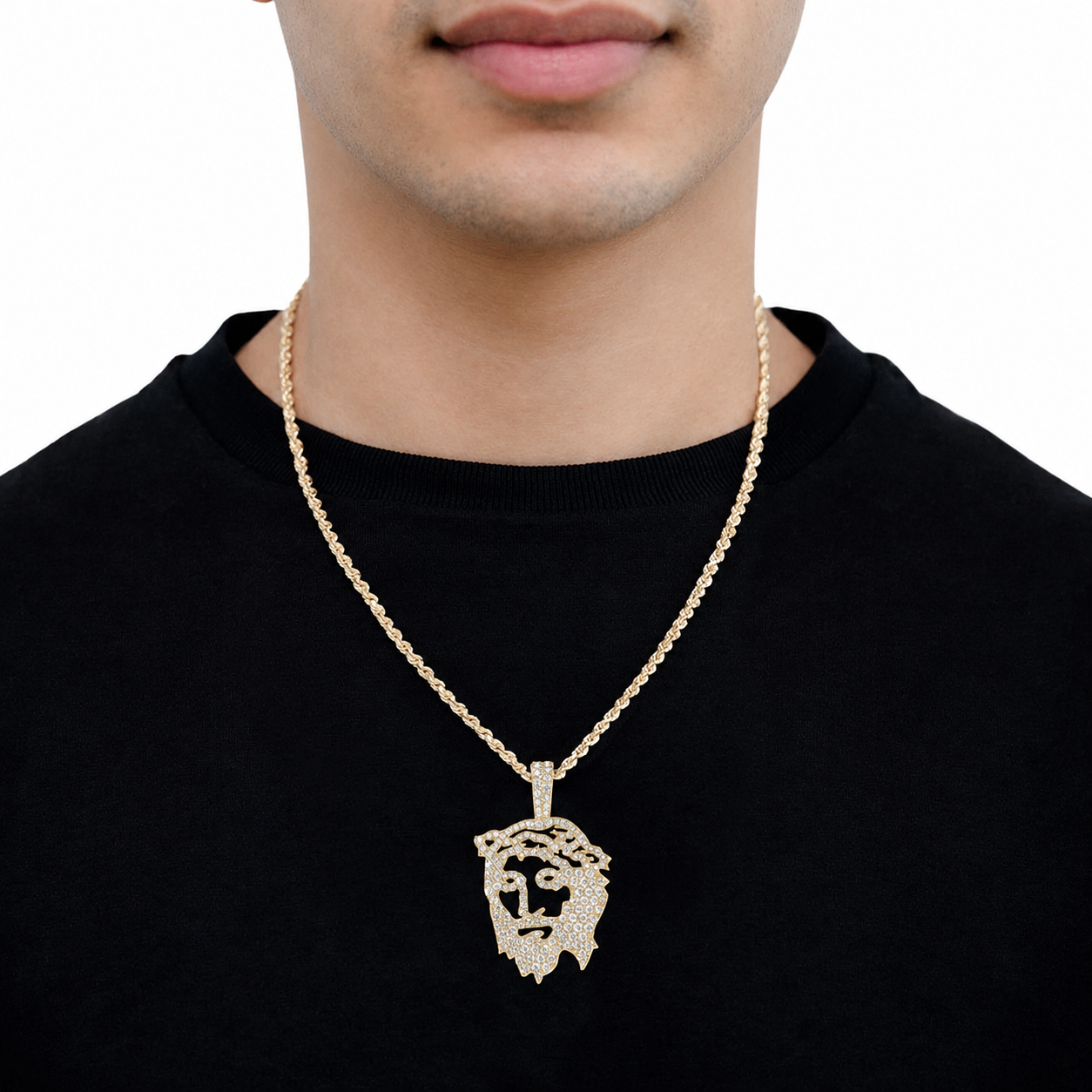 Jesus Silhouette Diamond Pendant in 14K rose gold, Large | 1.25ctw, angled view