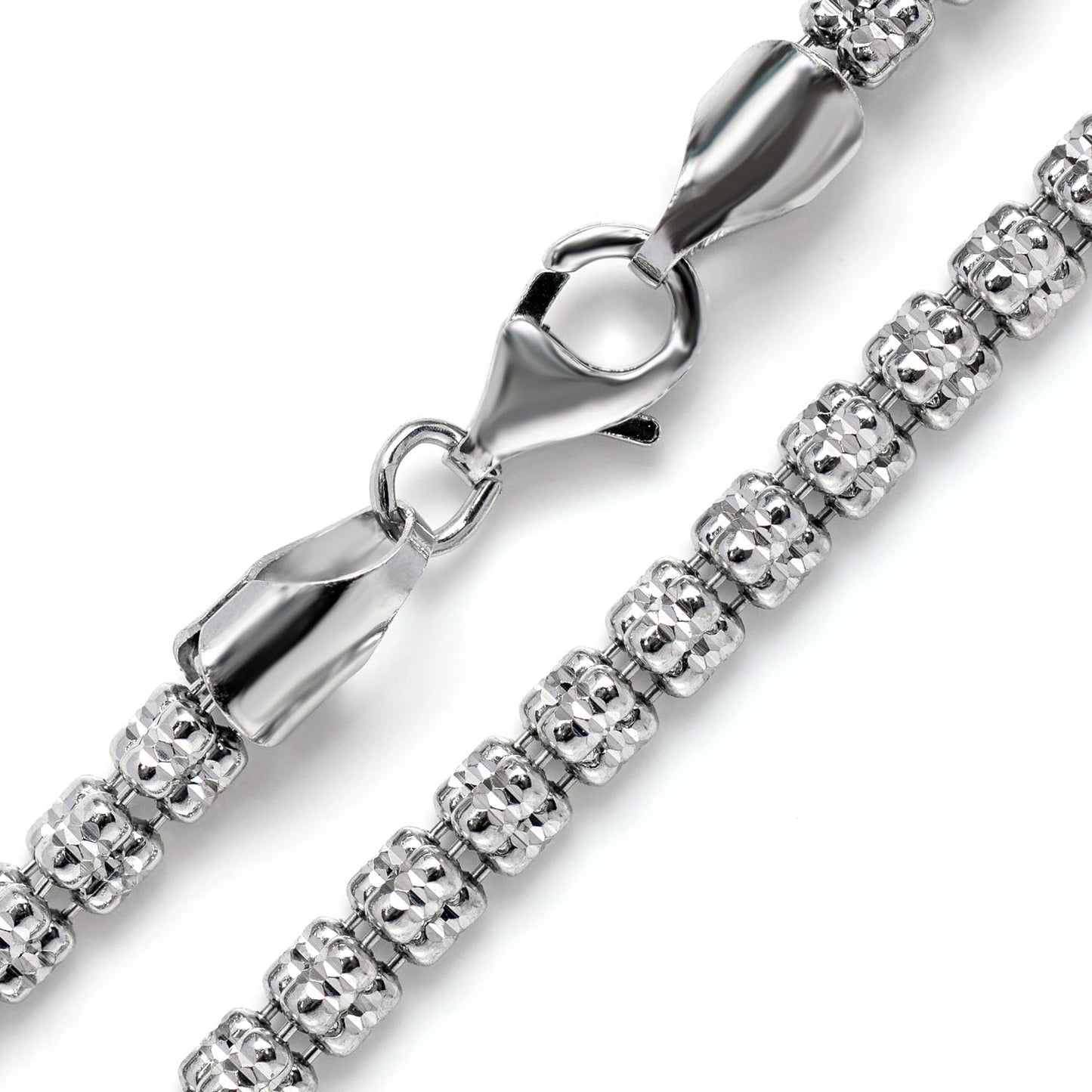 Sterling Silver Triangular Diamond-Cut Tube Chain in 925 sterling silver, 4mm width, angled view