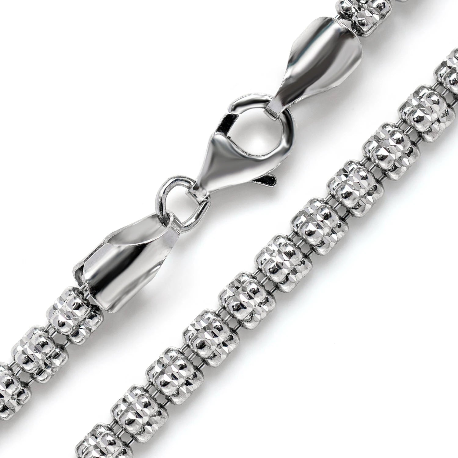 Sterling Silver Triangular Diamond-Cut Tube Chain in 925 sterling silver, 4mm width, angled view
