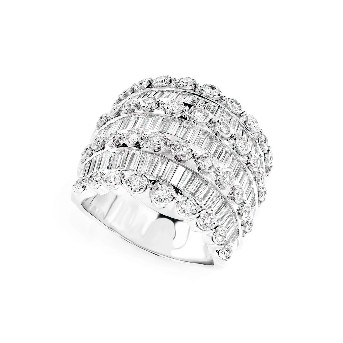 Three Row Baguette Dome Ring 14k in white gold, angled view