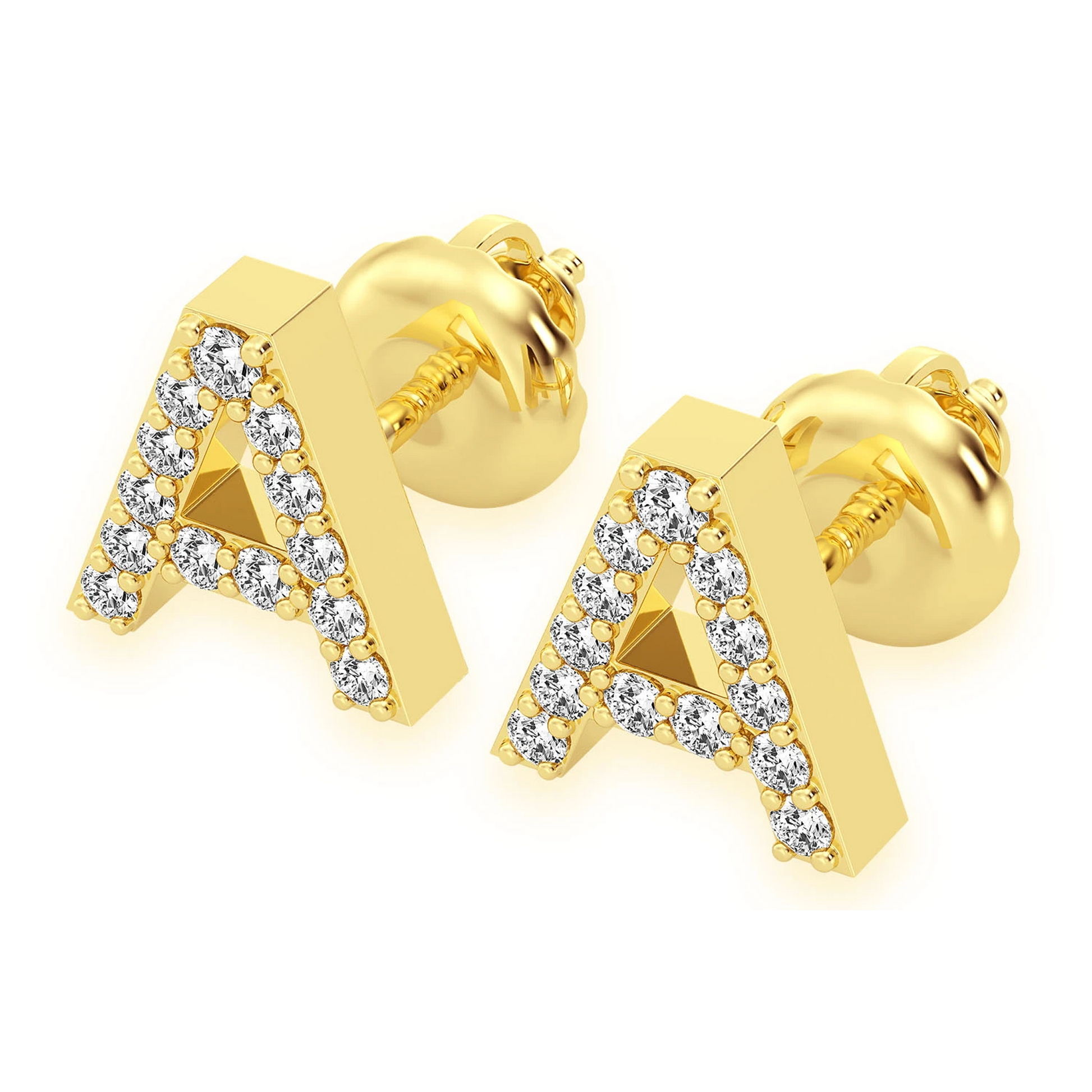 Any Letter Diamond Stud Earrings in 14K yellow gold, side view