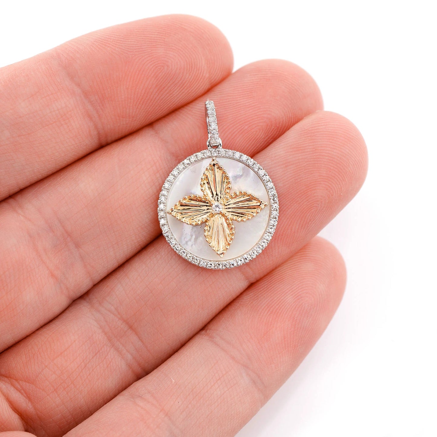 Mother of Pearl Four Petal Flower Diamond Pendant in two-tone 14k gold, angled view