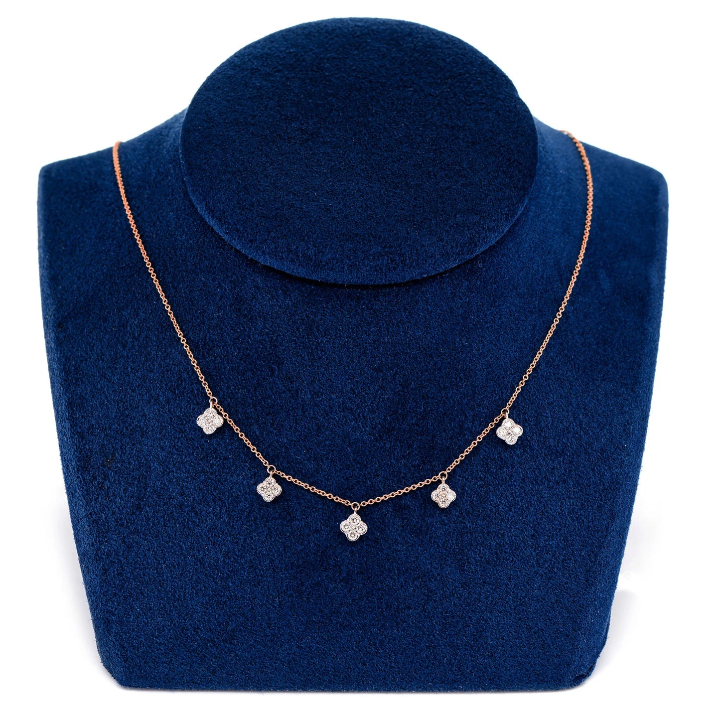 Milgrain Clover Diamond Dangle Necklace in 14K yellow gold, 0.35ctw, angled view