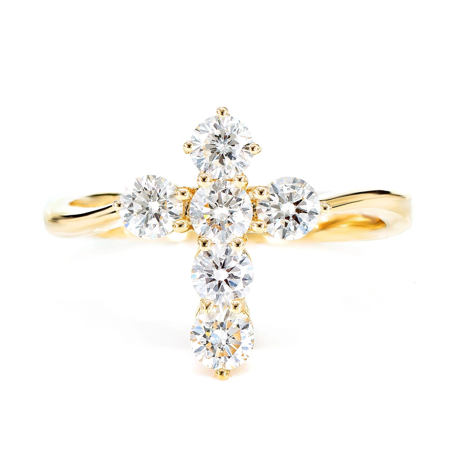 Pointed Cross Diamond Ring in 14K yellow gold, front view