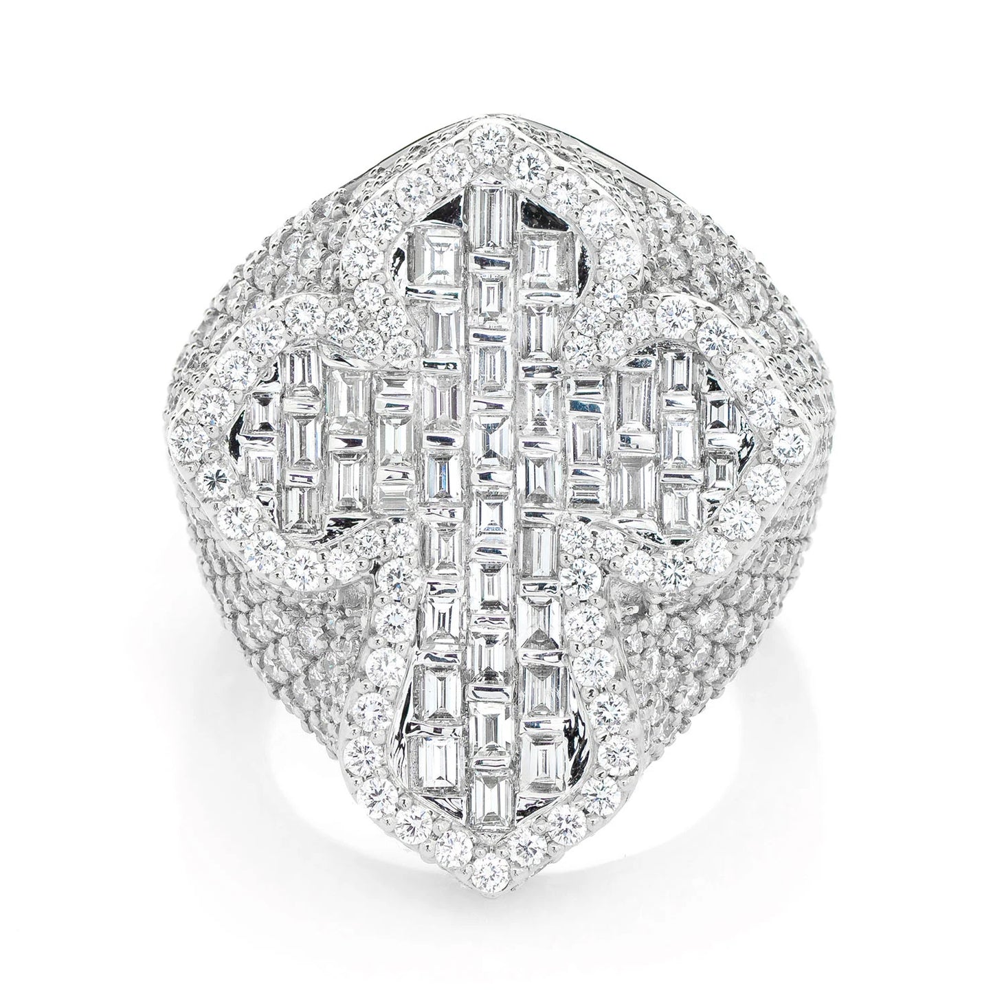 Deluxe Baguette Border Diamond Cross Signet Ring