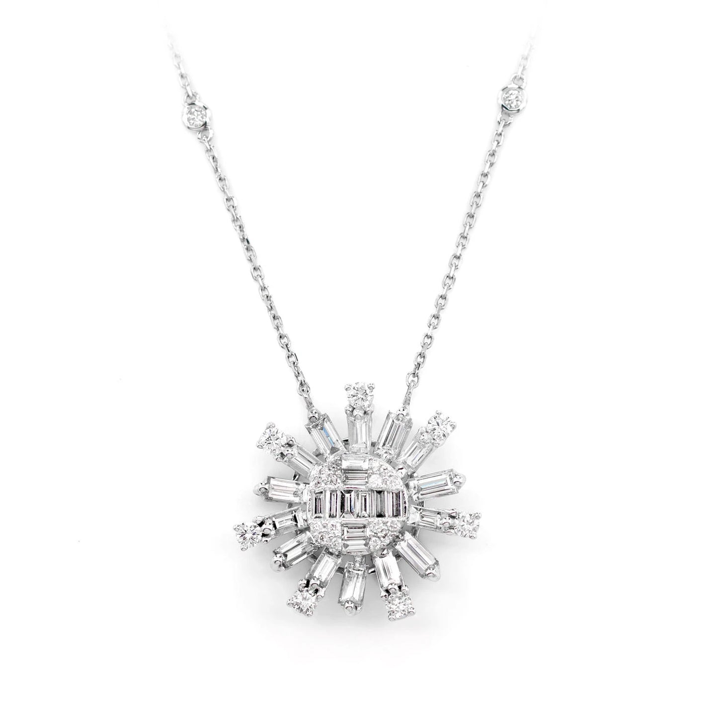 Baguette Diamond Sunburst Necklace in 14K white gold, front view