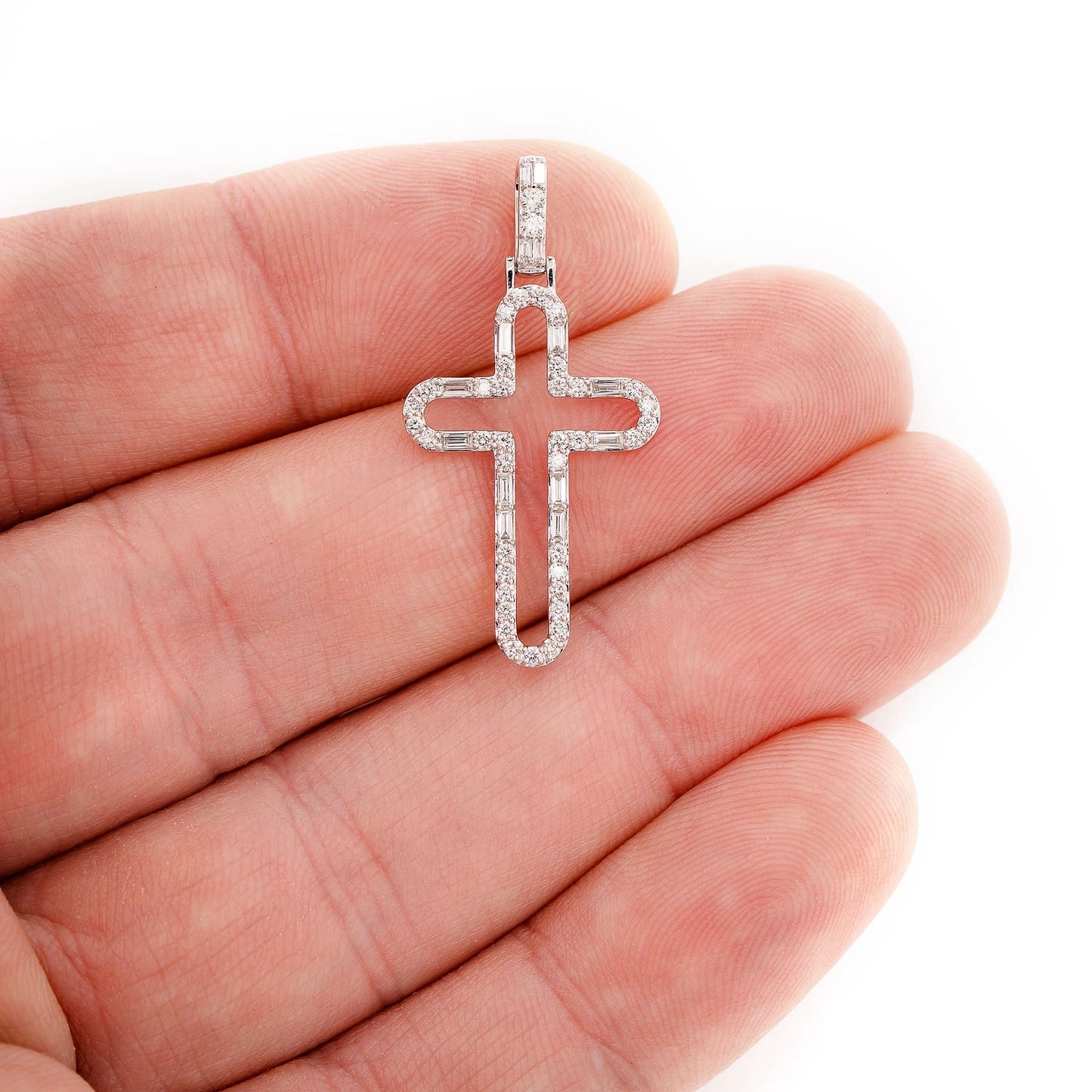 Rounded Open Round and Baguette Diamond Cross Pendant