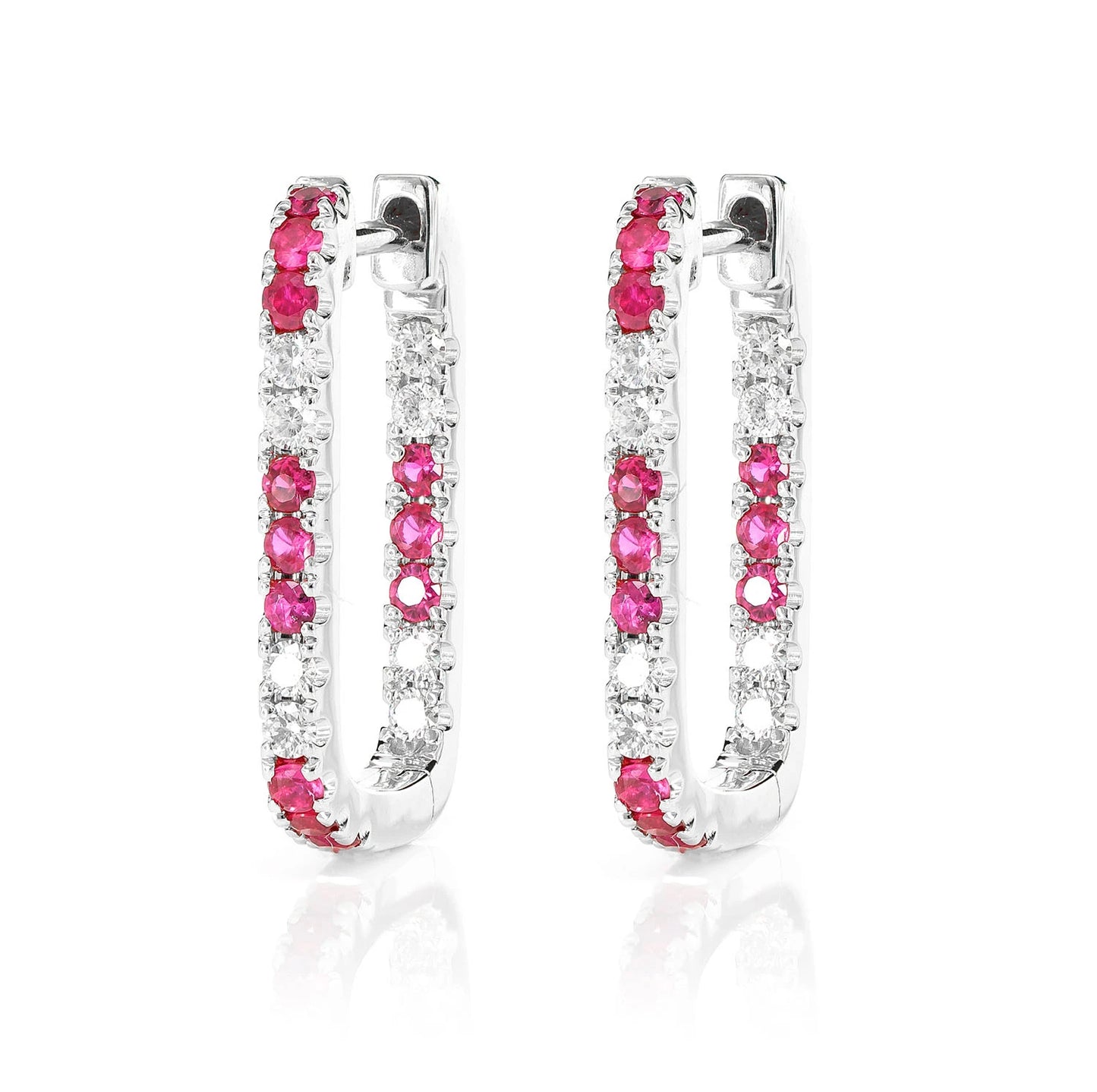 Ruby and Diamond Rectangle Huggie Hoop Earrings