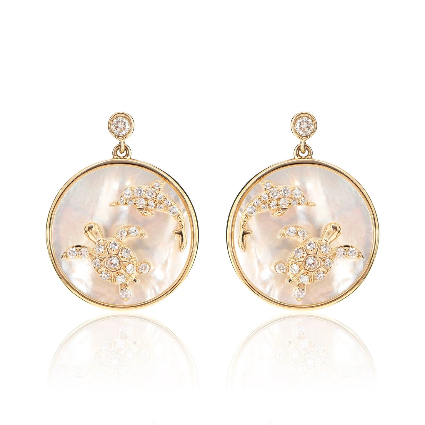 Mother of Pearl and Diamond Sea Turtle Dolphin Earrings