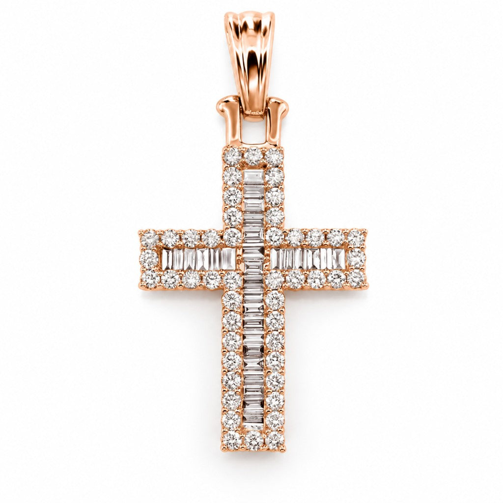 Baguette Halo Diamond Cross Pendant in 14K rose gold, front view