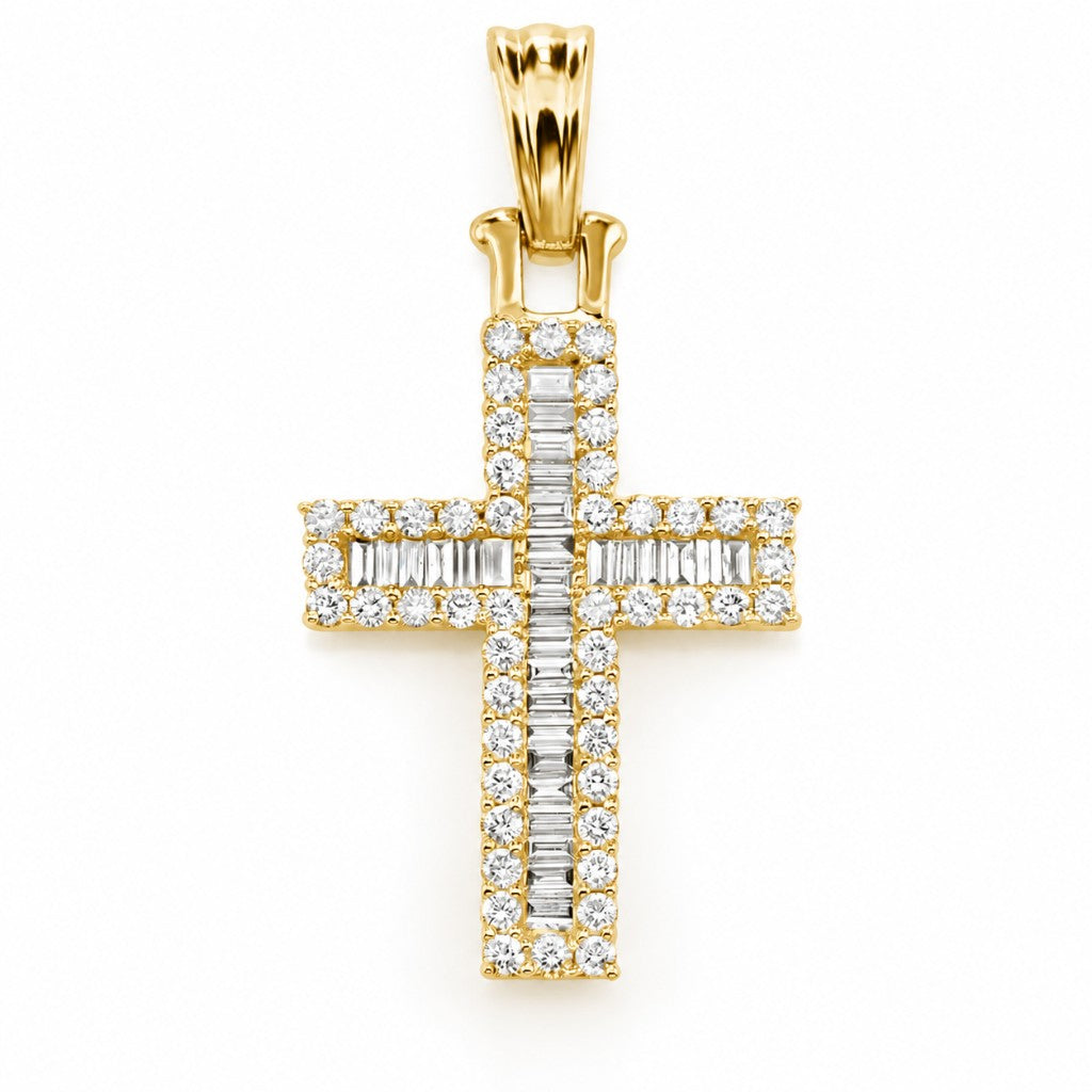 Baguette Halo Diamond Cross Pendant in 14K yellow gold, front view