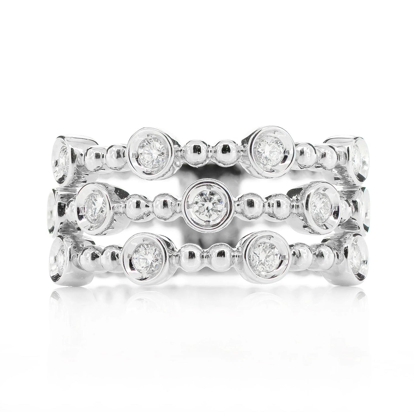 Four Row Scattered Beaded Bezel Diamond Band in 14K white gold, front view