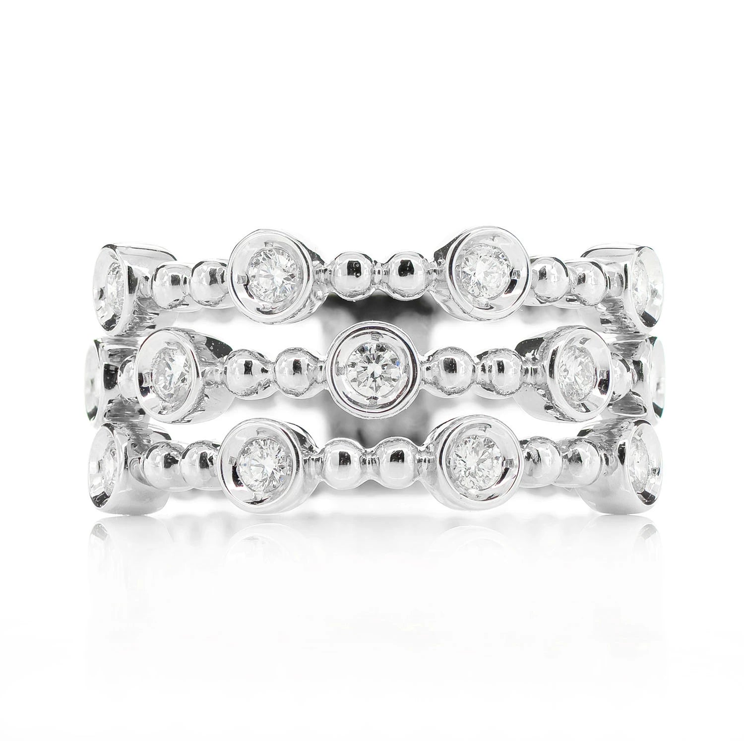 Four Row Scattered Beaded Bezel Diamond Band in 14K white gold, front view