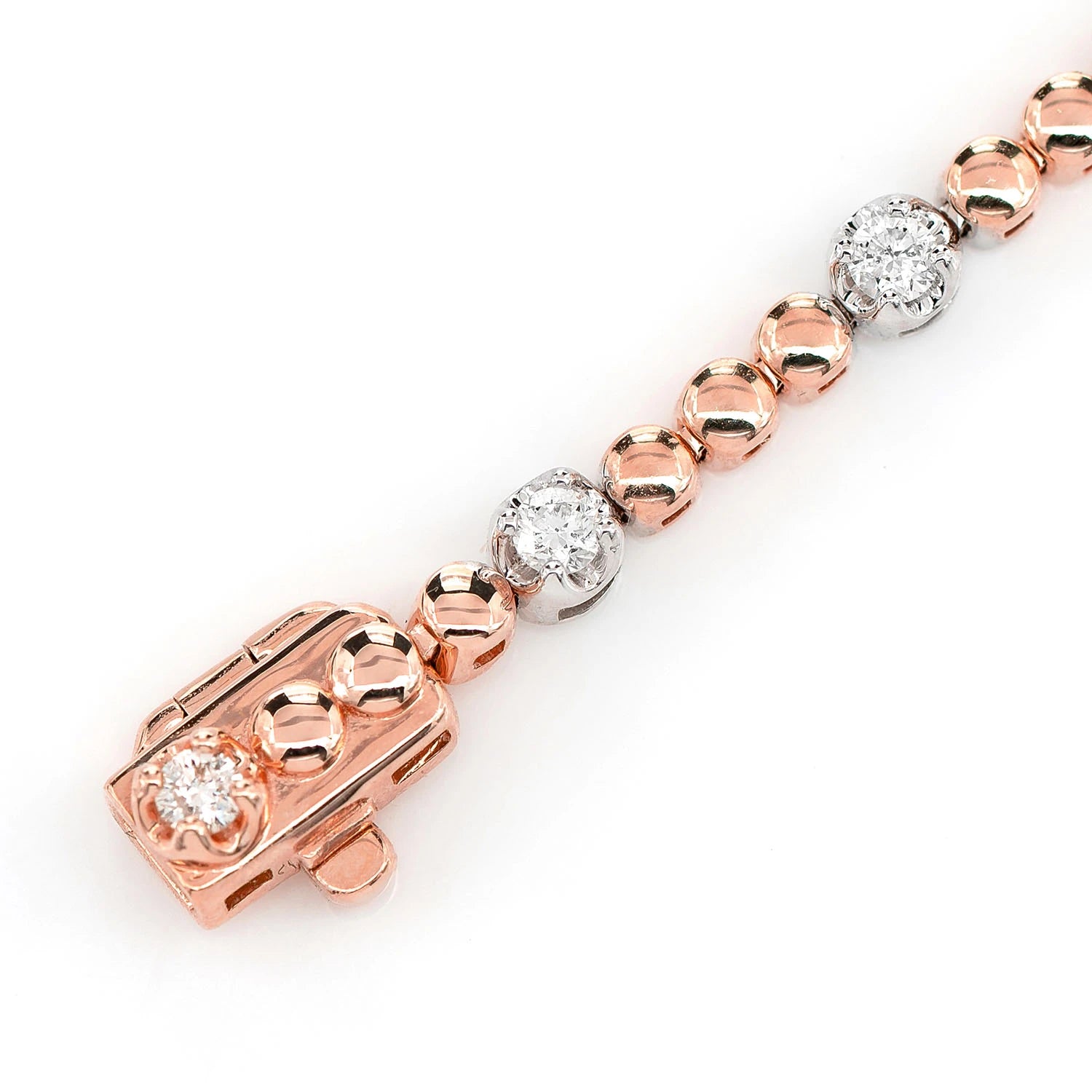 Beaded Crown Set Diamond Bracelet in two tone rose 14k gold, Two-Tone, detail view