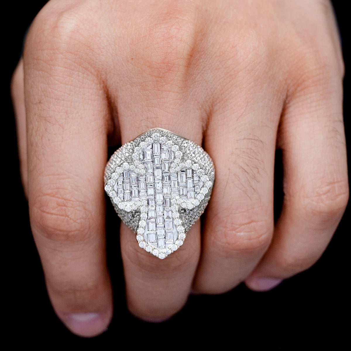 Deluxe Baguette Border Diamond Cross Signet Ring