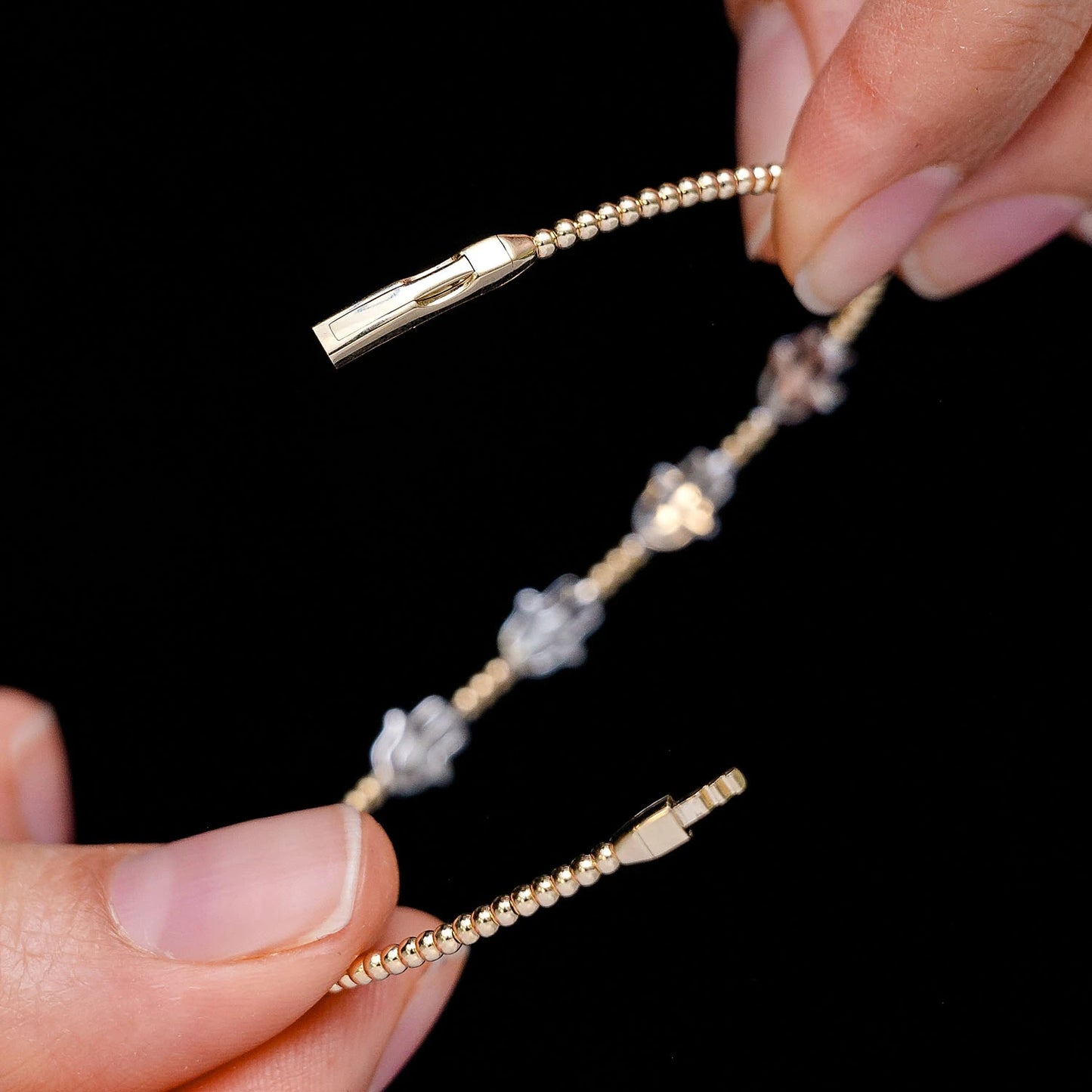 Beaded Hamsa Diamond Flex Bangle Bracelet in 14K yellow gold, alternate view