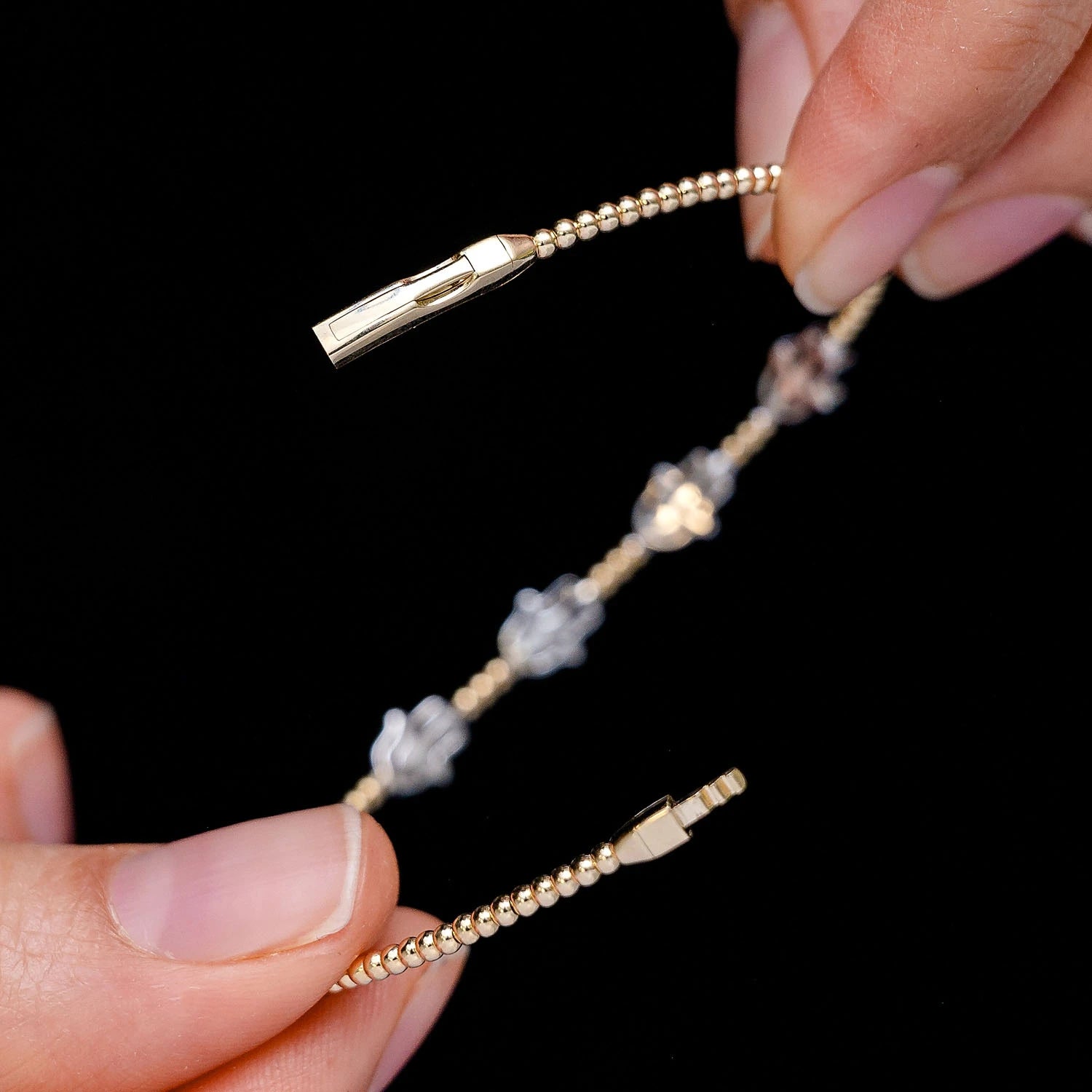 Beaded Hamsa Diamond Flex Bangle Bracelet in 14K yellow gold, alternate view