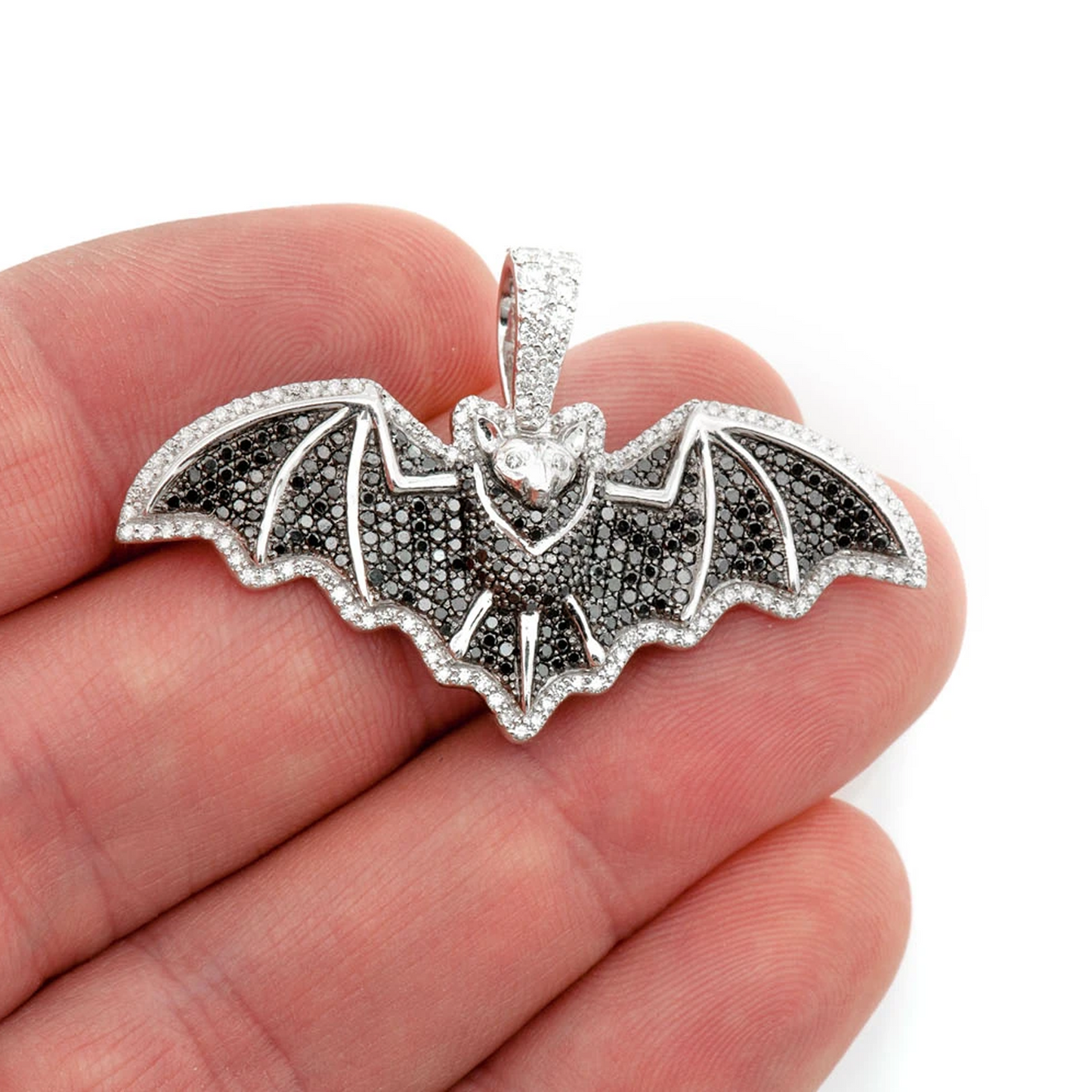 Black Diamond Bat Pendant in 14K rose gold, angled view