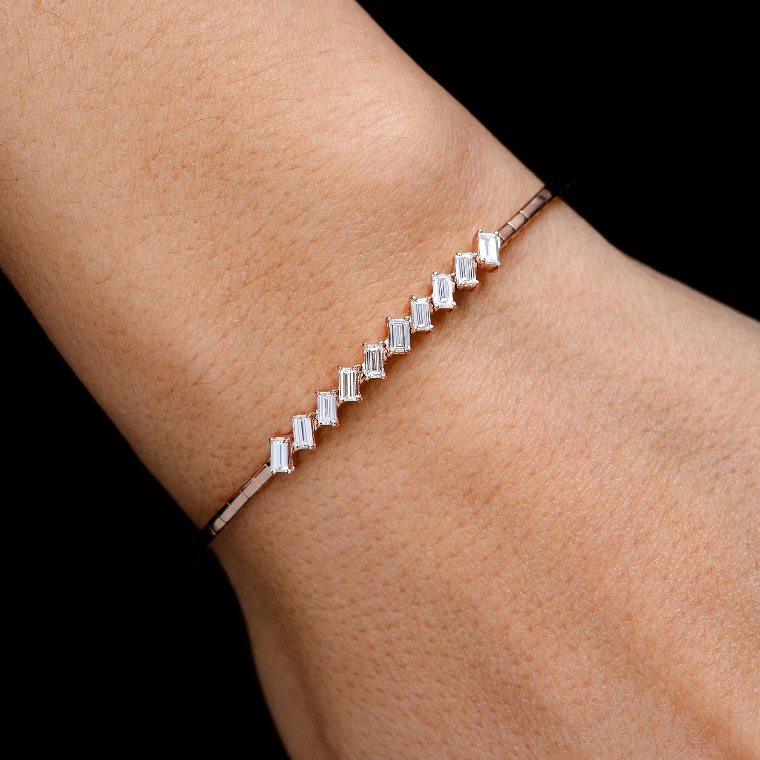 Angled Baguette Diamond Bangle in 14K rose gold, 0.85ctw, detail view