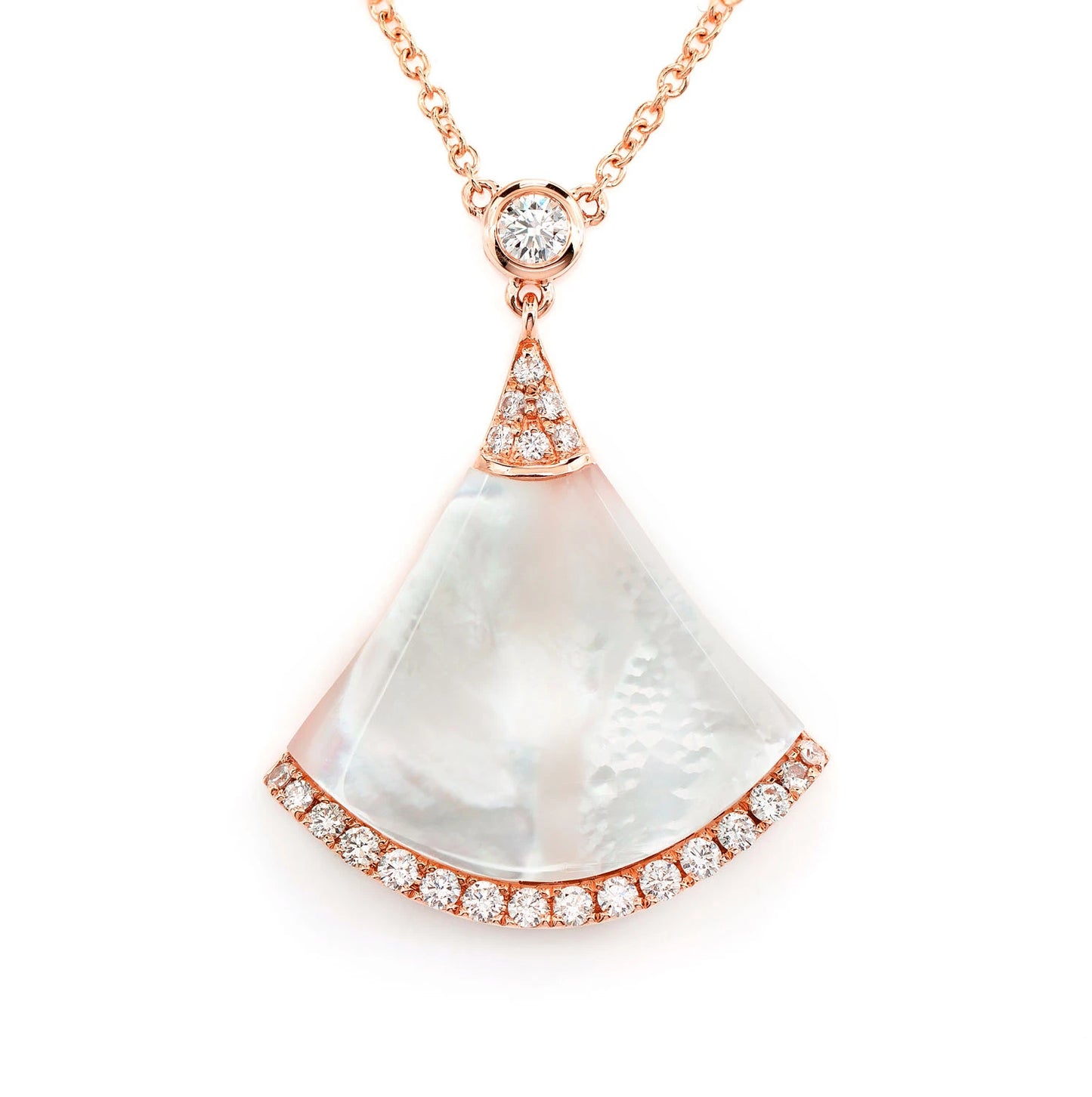Mother of Pearl Fan Diamond Necklace in 14K rose gold, front view