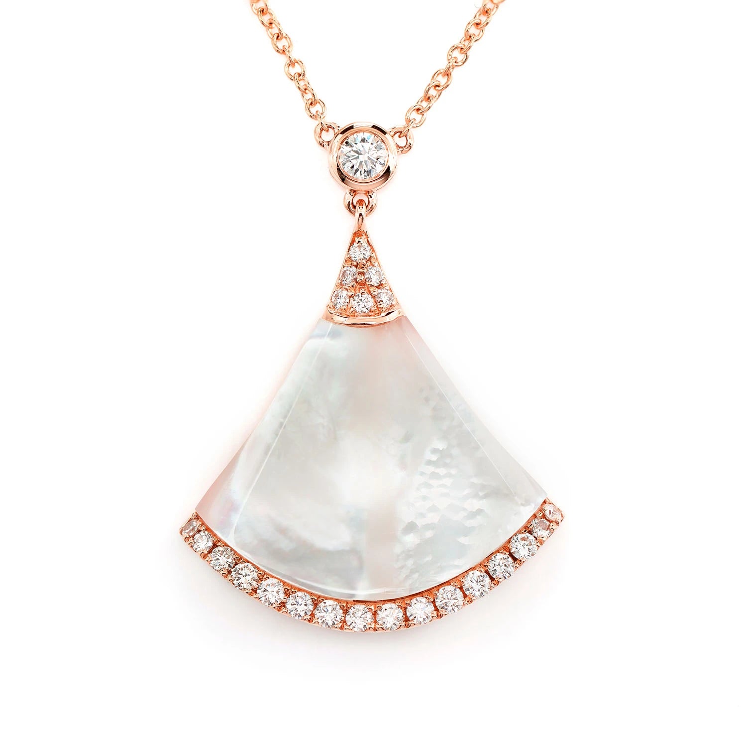 Mother of Pearl Fan Diamond Necklace in 14K rose gold, front view