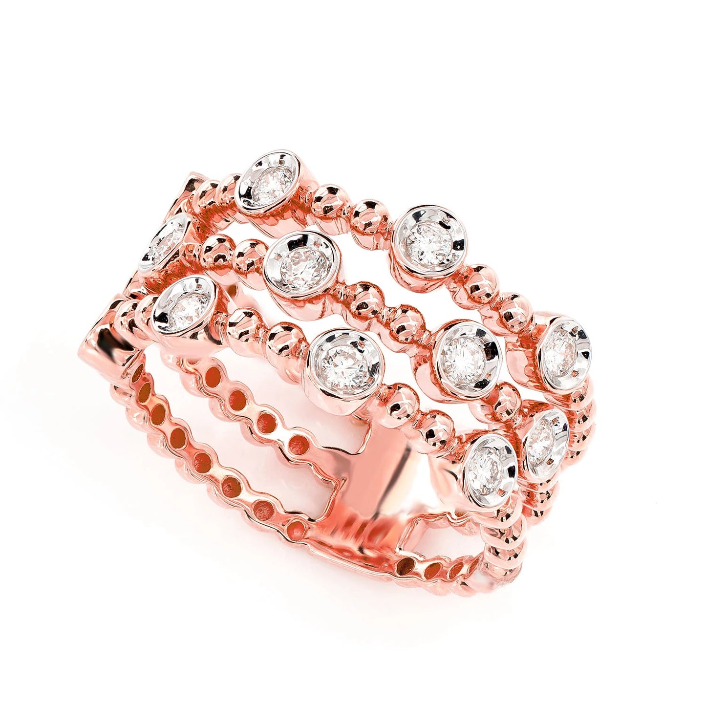 Four Row Scattered Beaded Bezel Diamond Band in 14K rose gold, detail view