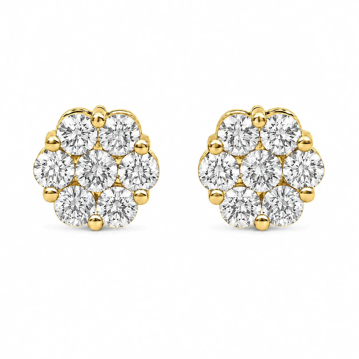 Flower Diamond Studs in 14K yellow gold, 2.00ctw, front view