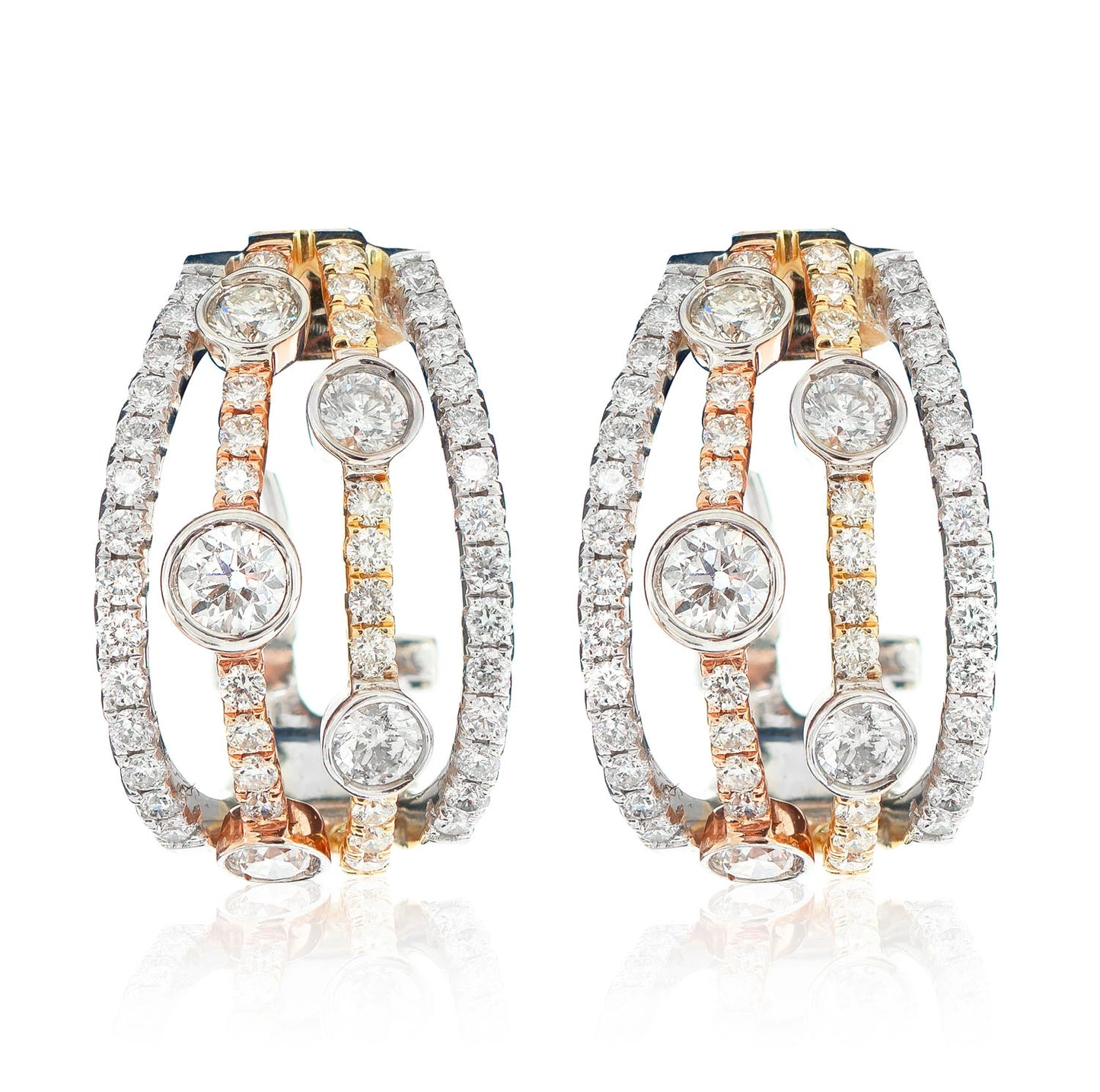 Tri Tone Four Row Scattered Bezel Diamond Hoop Earrings