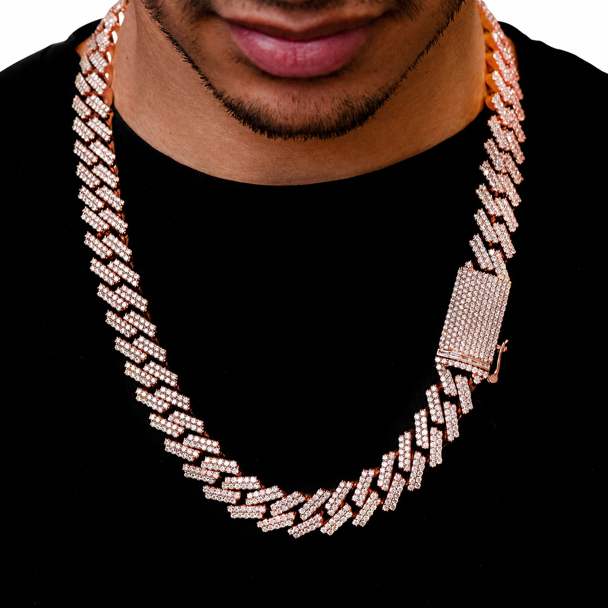Raised Cuban Diamond Necklace in 14K rose gold, 13mm / 28.25ctw width, alternate view