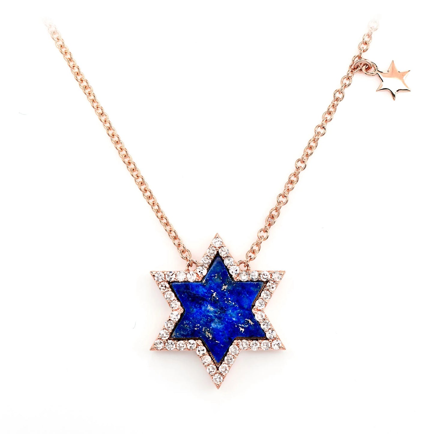 Lapis Star of David Diamond Necklace in 14K rose gold, front view