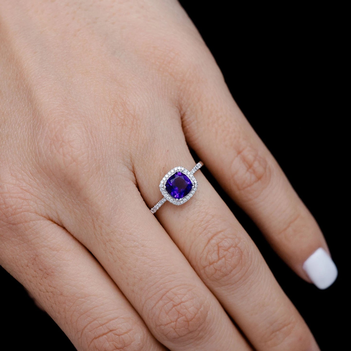 Amethyst Cushion and Diamond Halo Ring