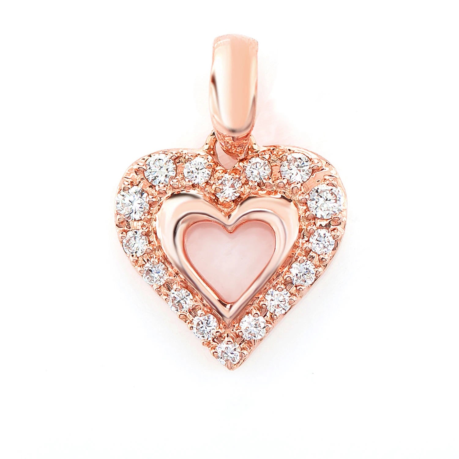Open Heart Halo Diamond Pendant in 14K rose gold, front view