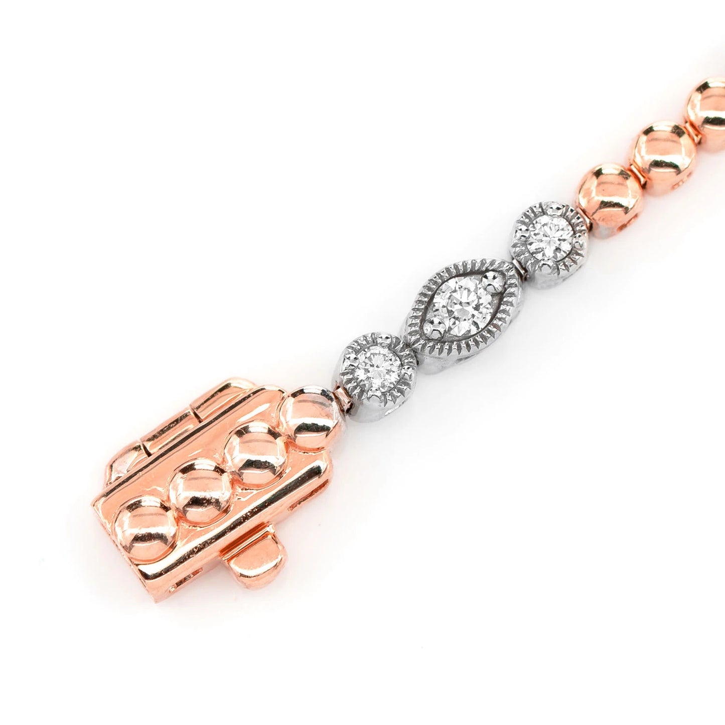Oval & Round Bezel Diamond Link Bracelet in two tone rose 14k gold, detail view
