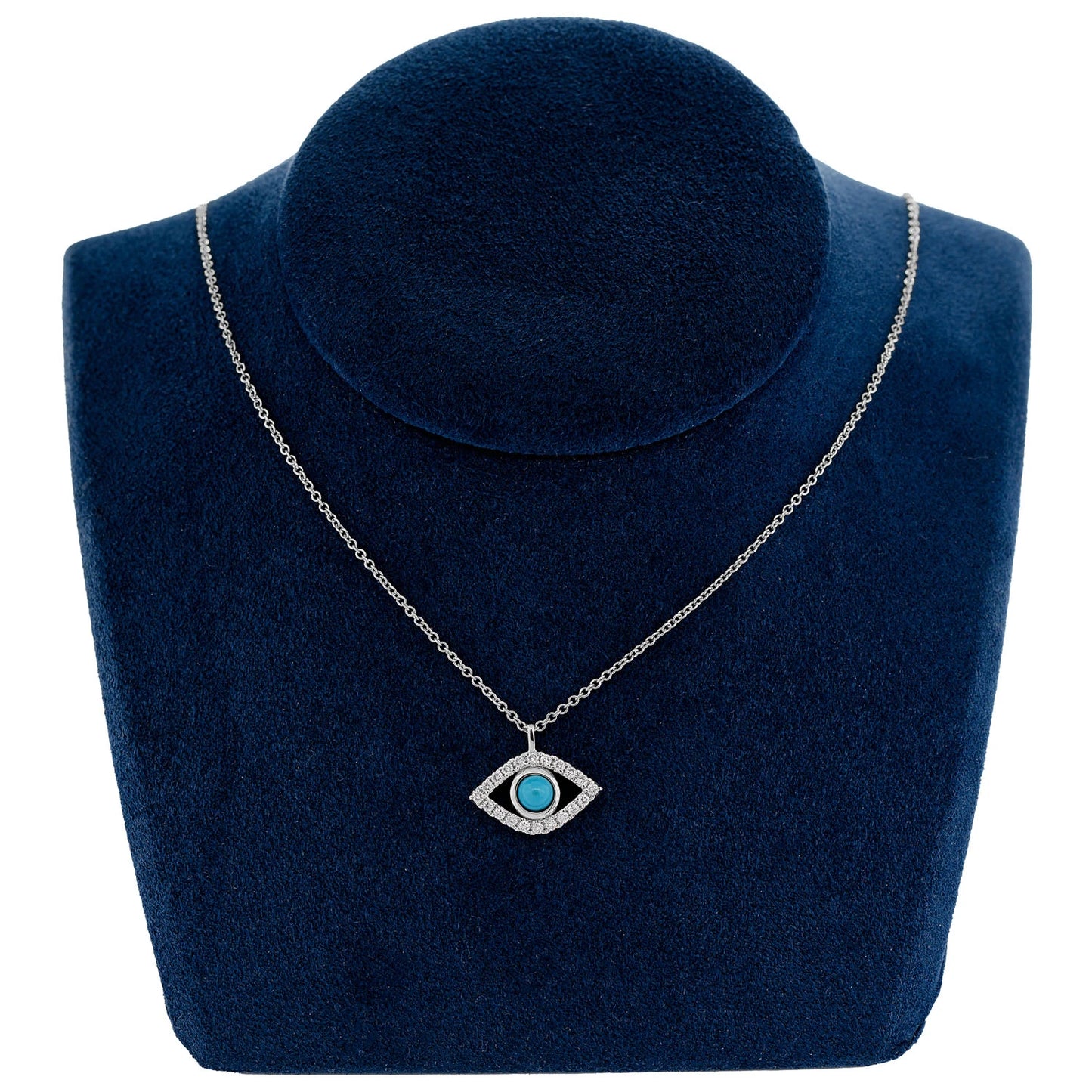 Turquoise & Diamond Evil Eye Necklace in 14K white gold, angled view