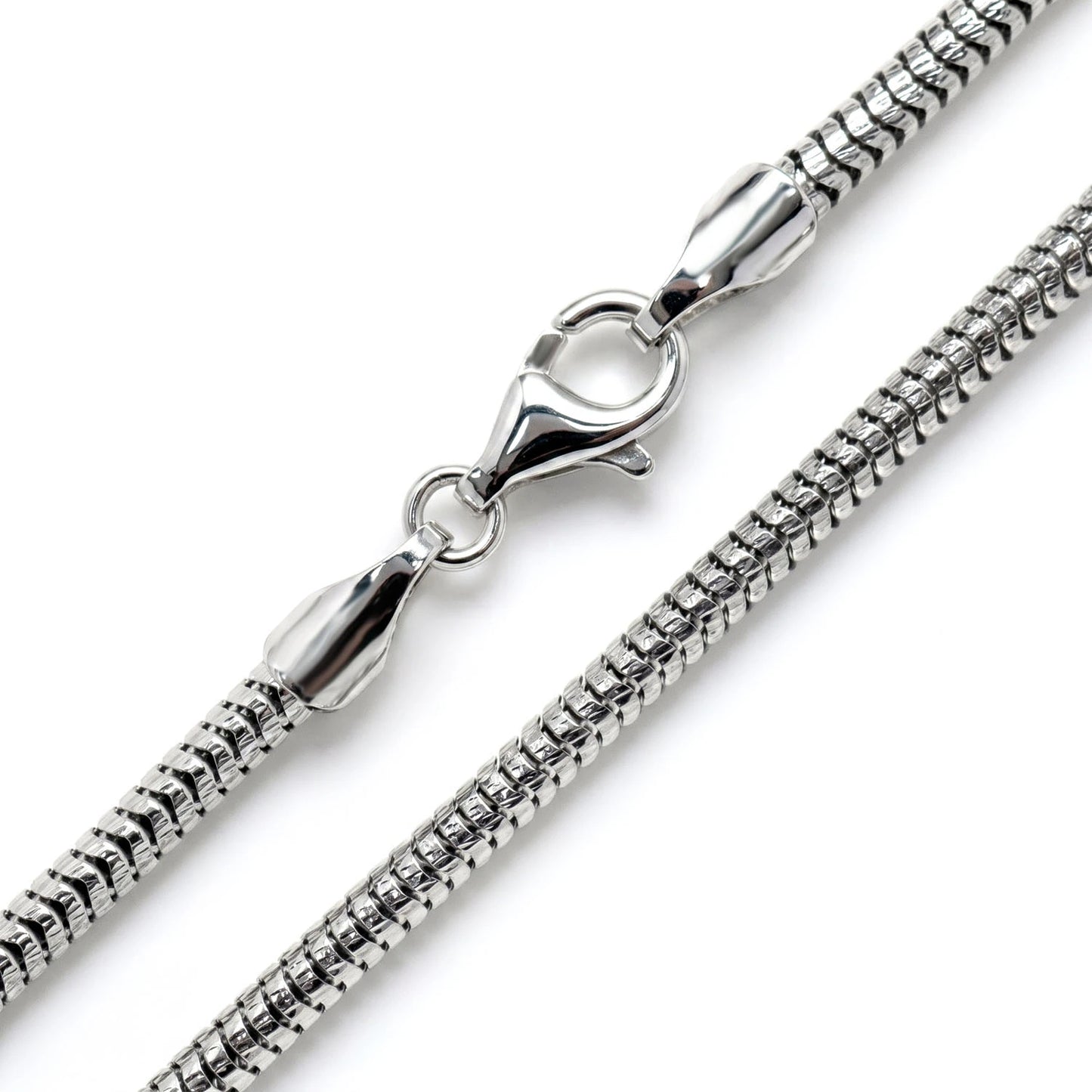 Sterling Silver Snake Chain in 925 sterling silver, 2.5mm width, angled view