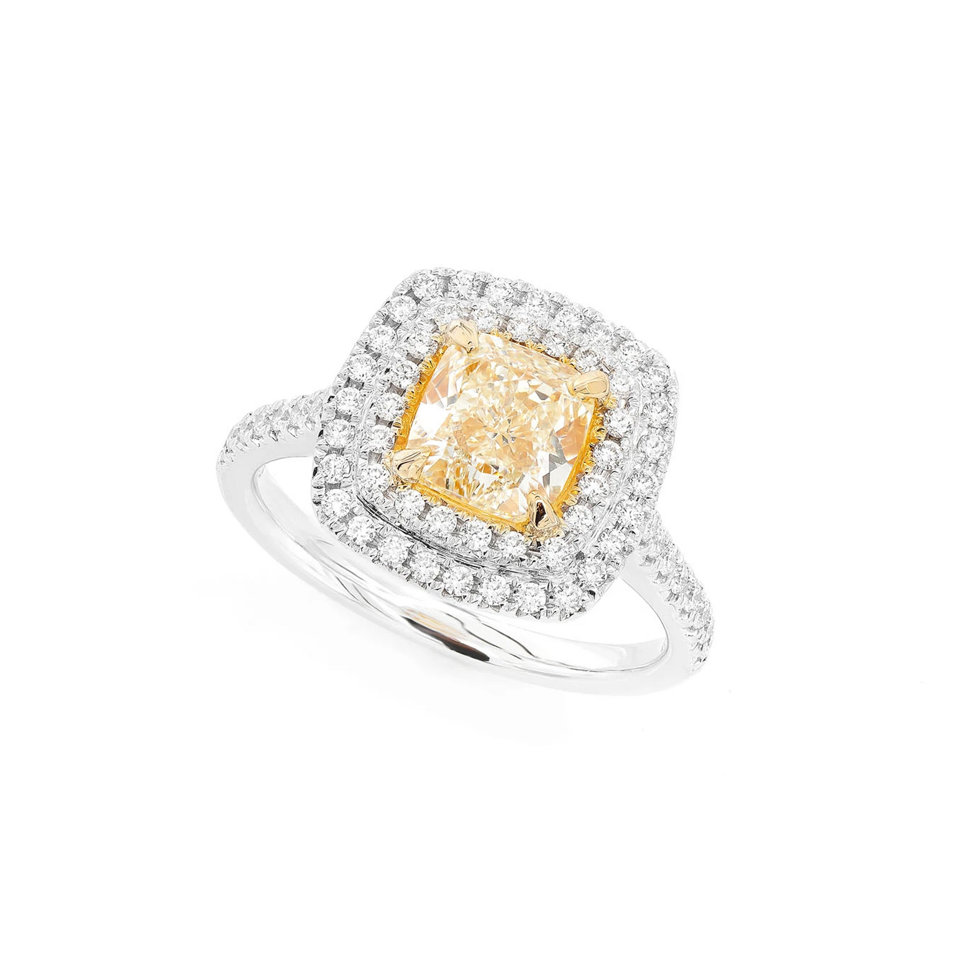 Classic Yellow Diamond Double Halo Engagement Ring in two-tone 14k gold, angled view