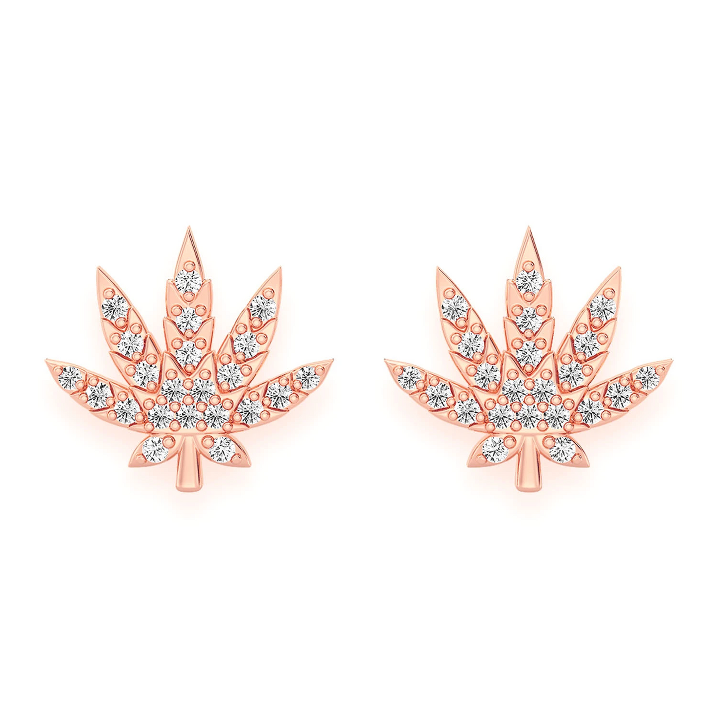 Cannabis Leaf Diamond Studs in 14K rose gold, front view