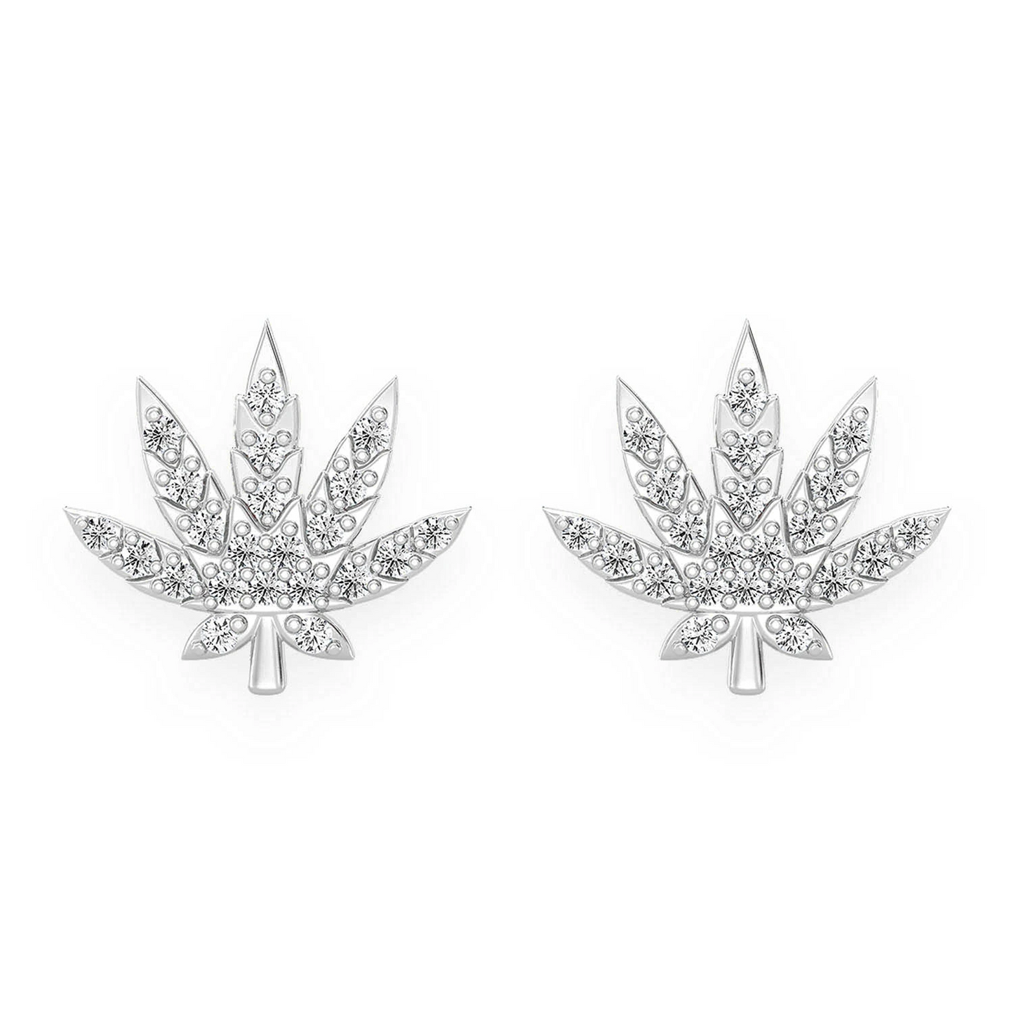 Cannabis Leaf Diamond Studs in 14K white gold, front view