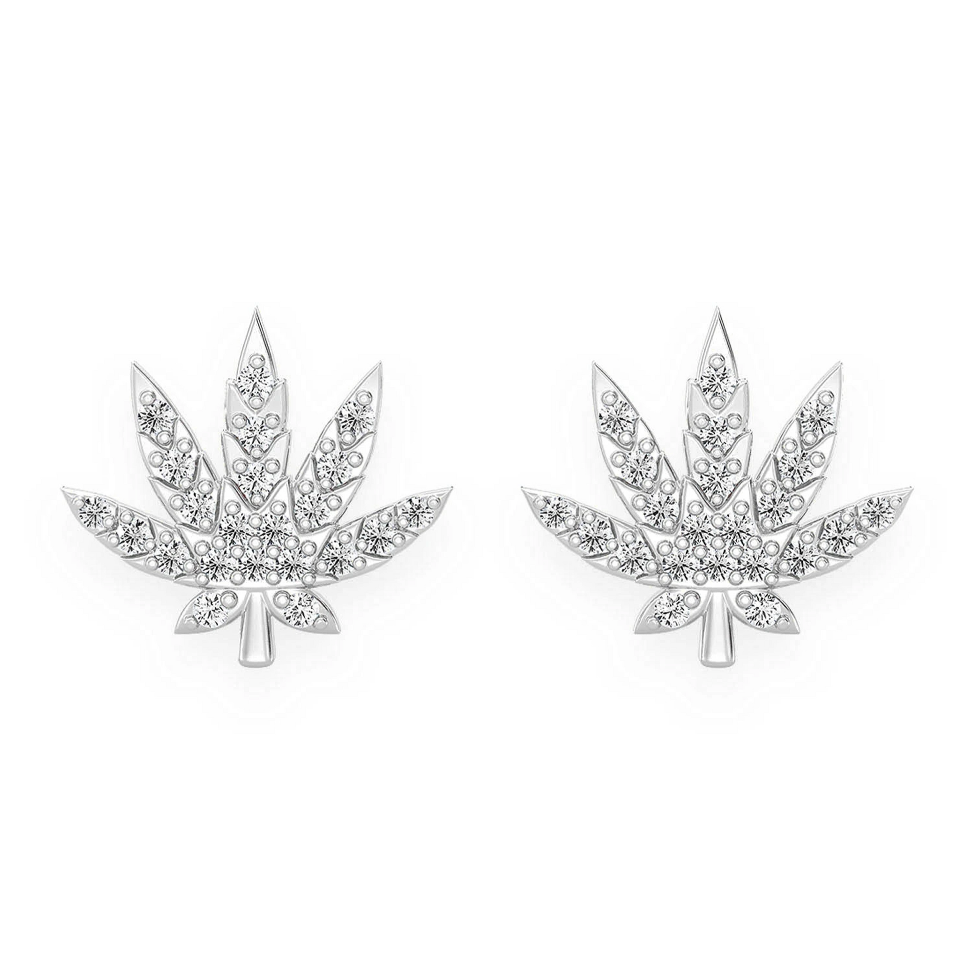 Cannabis Leaf Diamond Studs in 14K white gold, front view