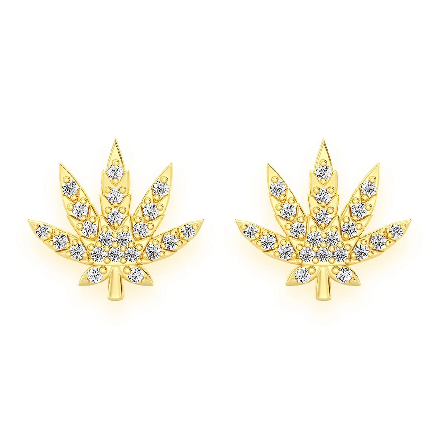 Cannabis Leaf Diamond Studs in 14K yellow gold, front view