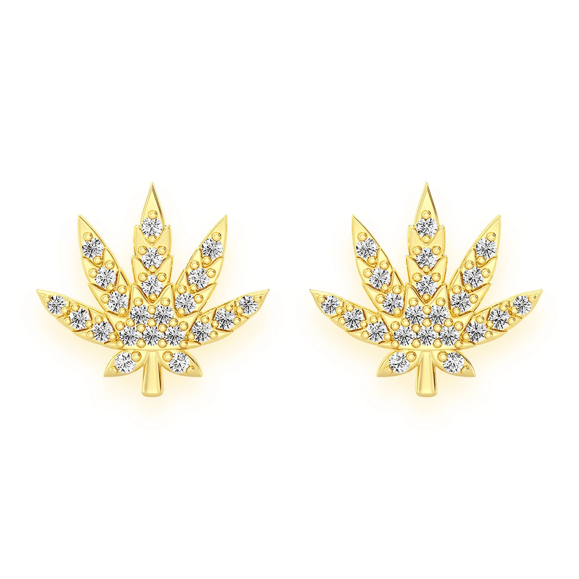 Cannabis Leaf Diamond Studs in 14K yellow gold, front view