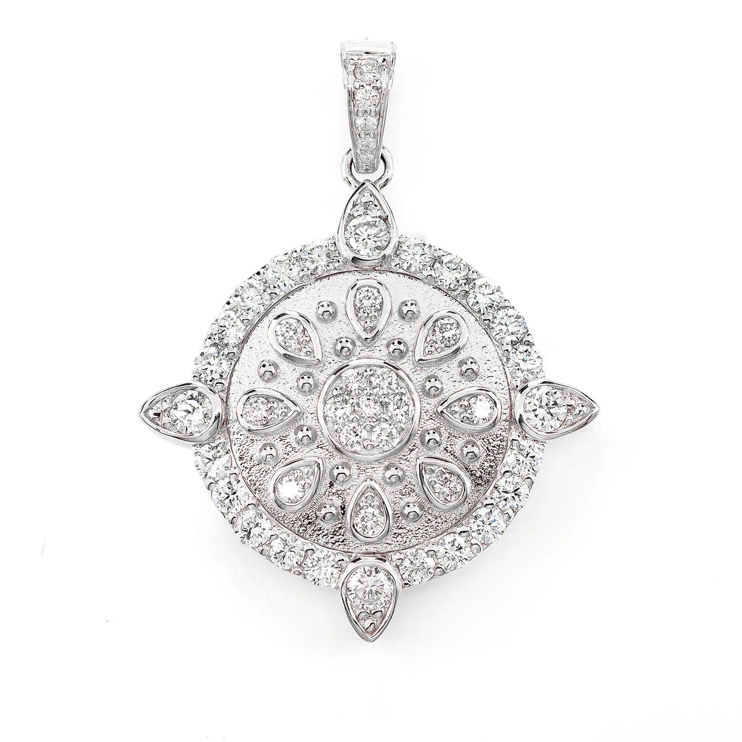 Ornate Cluster Medallion Pendant in 14K white gold, front view
