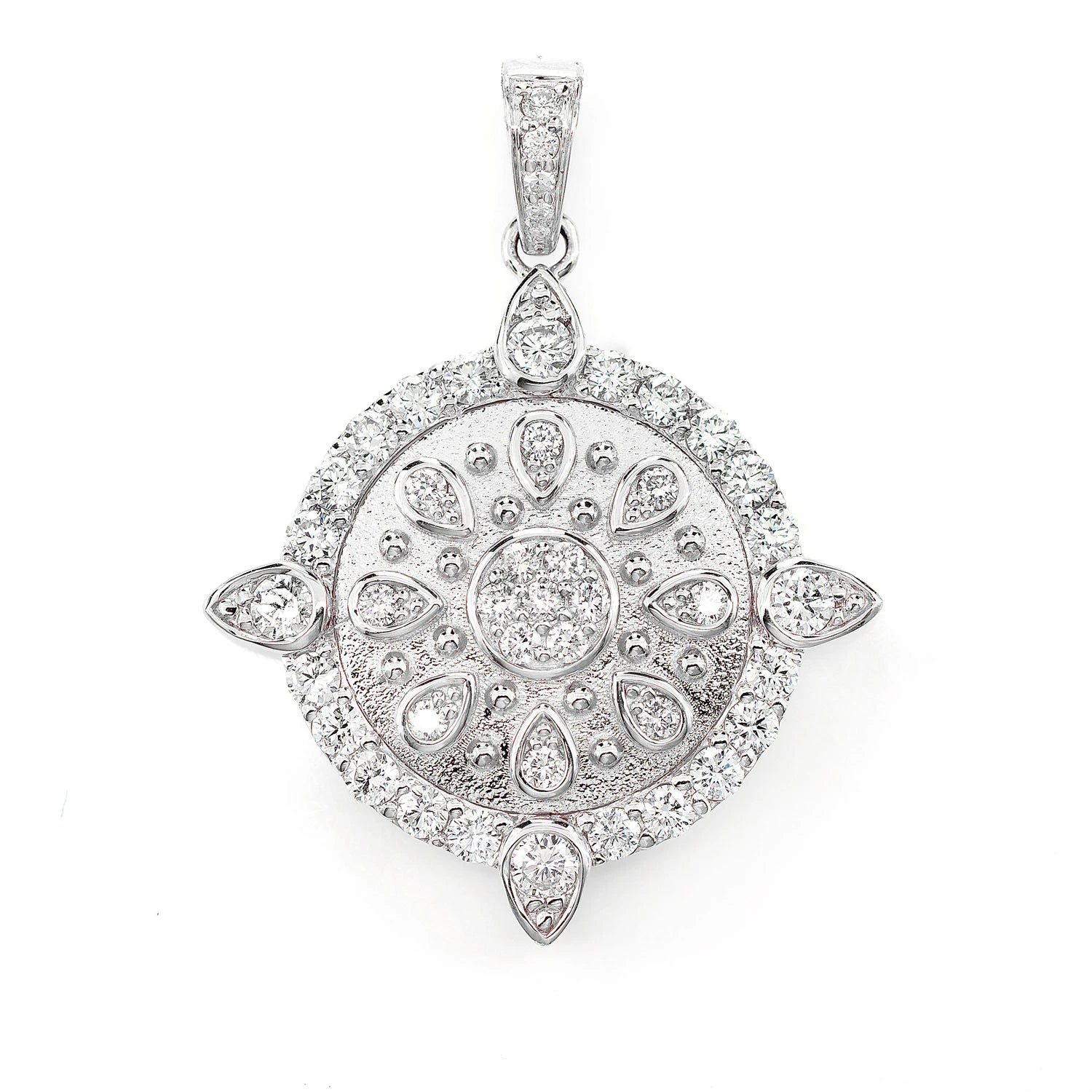 Ornate Cluster Medallion Pendant in 14K white gold, front view
