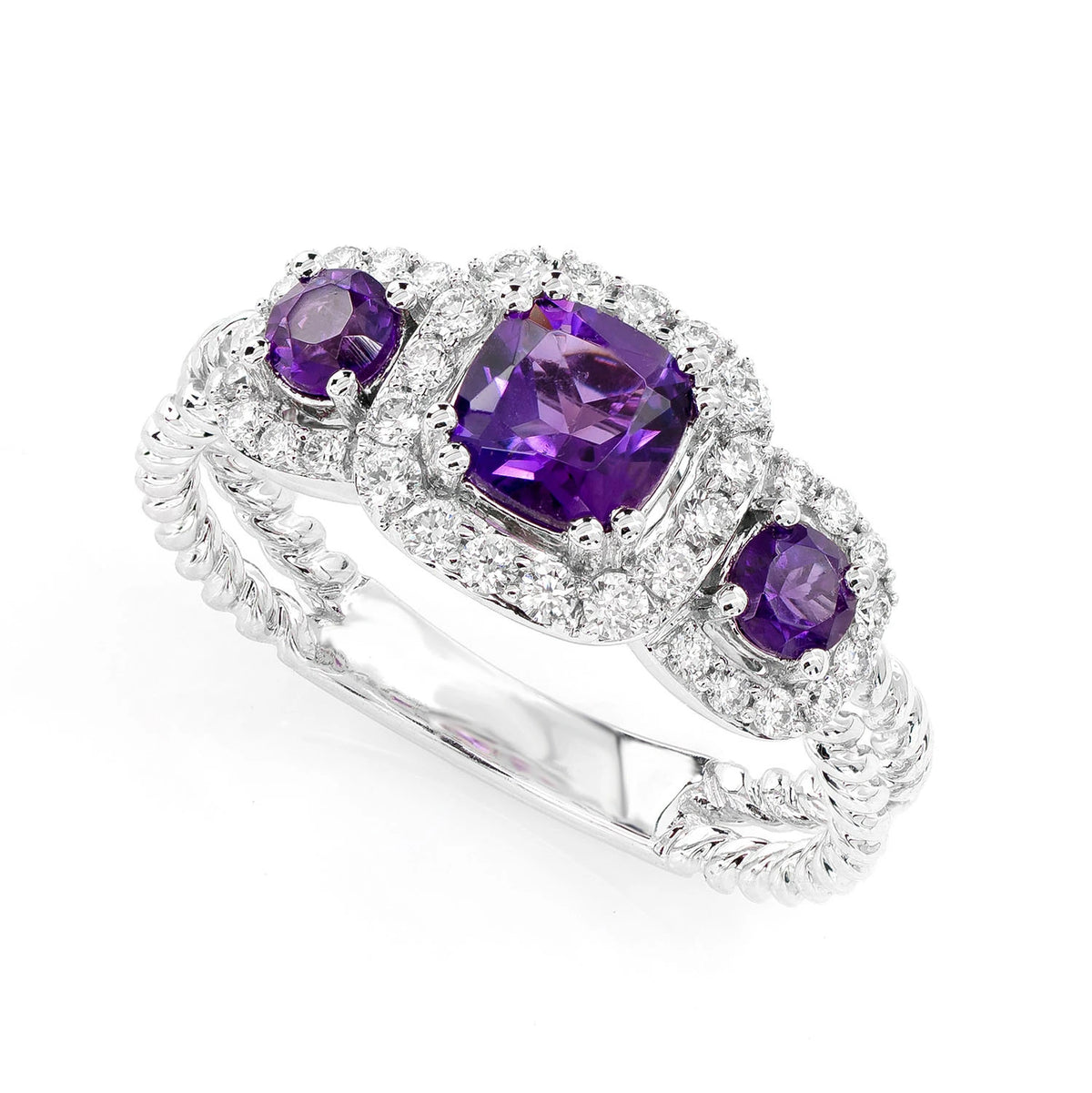 Amethyst and Diamond Three Stone Split Shank Rope Ring