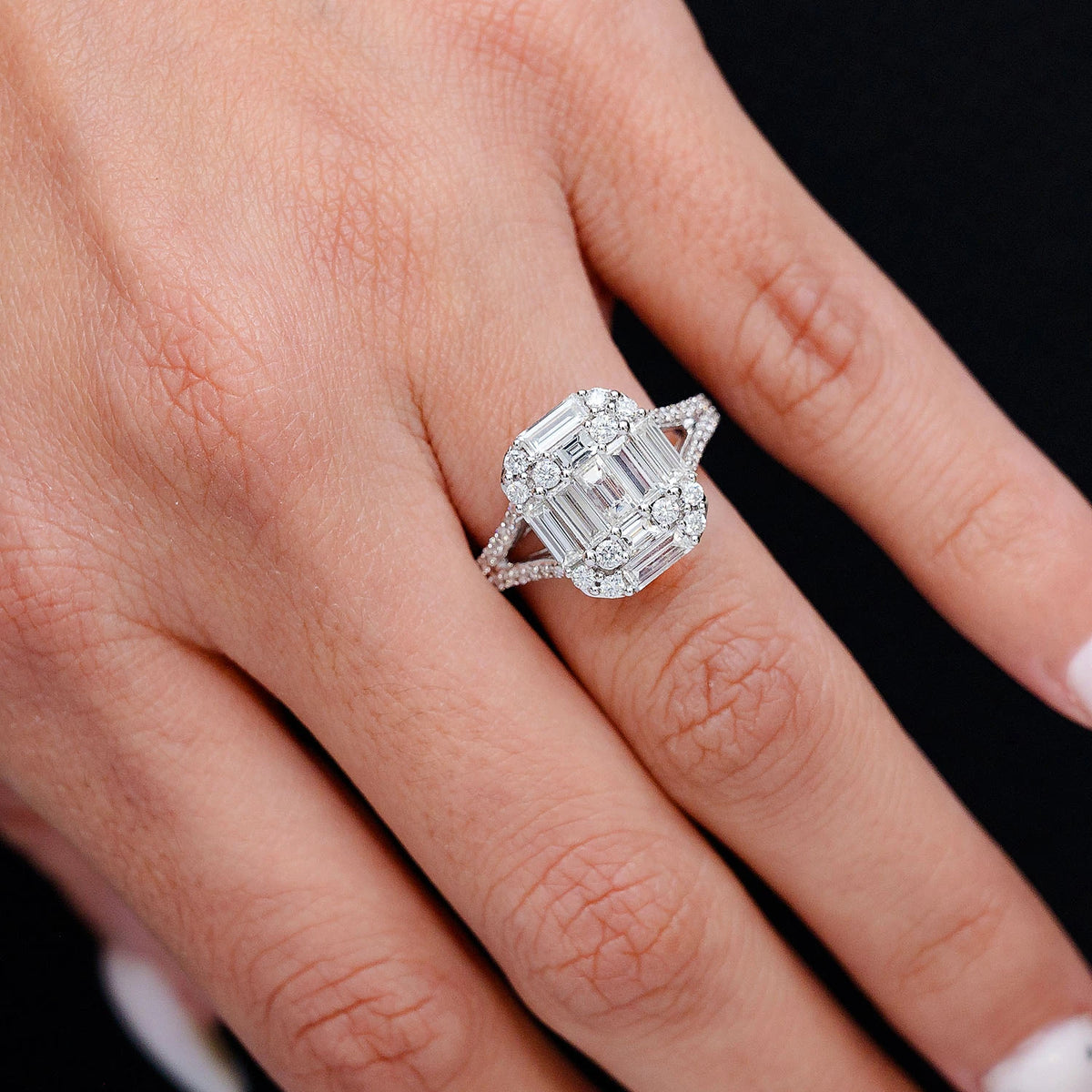 Cluster Split Shank Baguette and Round Diamond Engagement Ring