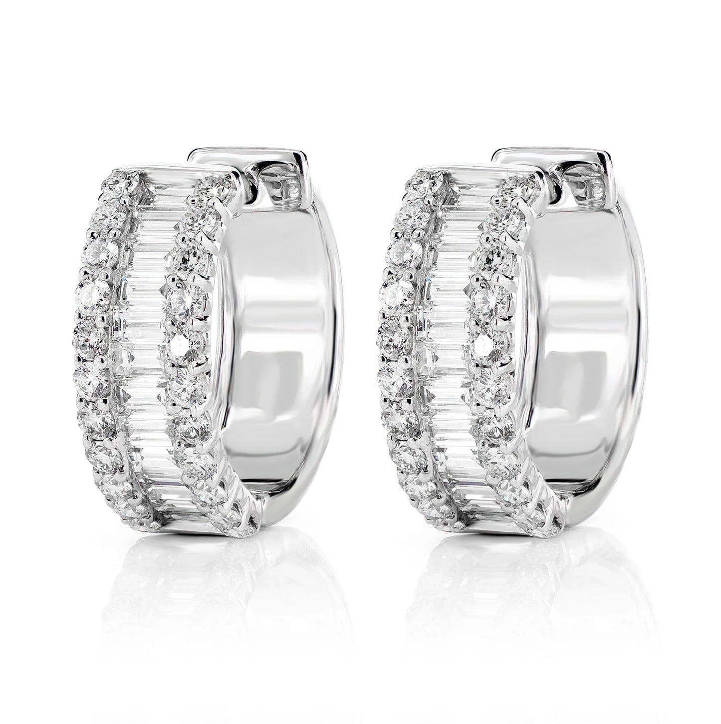 Baguette Diamond and Round Border Hoop Earrings