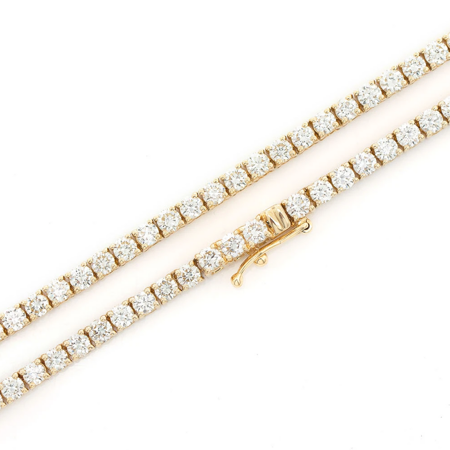 Prong Diamond Tennis Necklace in 14K yellow gold, 5pt / 11.00ctw, angled view