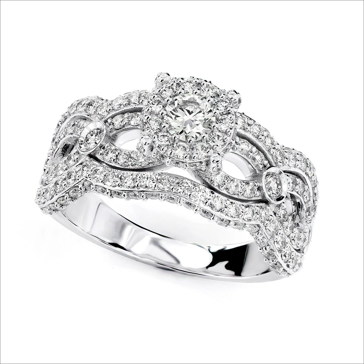 Cluster 4 row engagement ring in 14K white gold, angled view