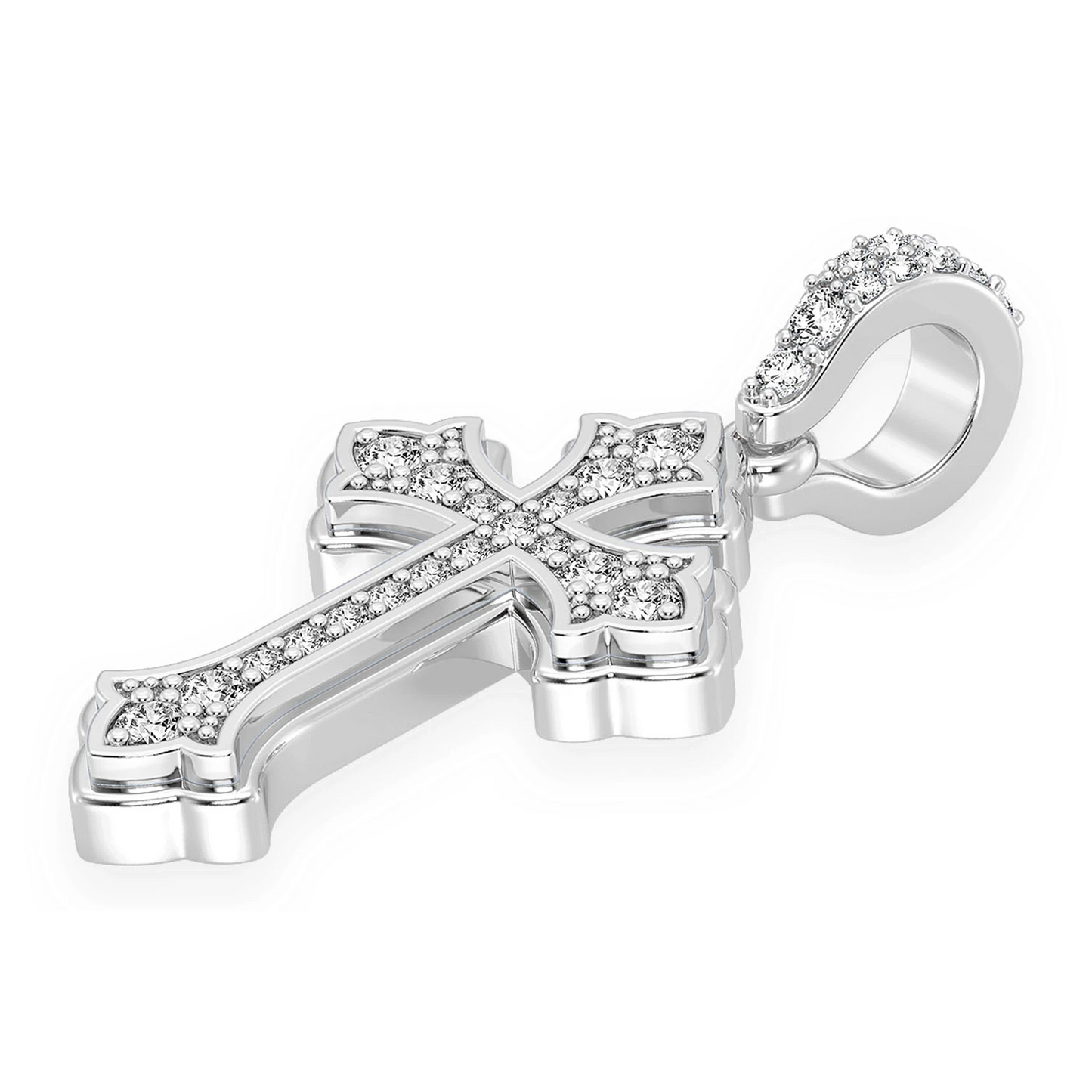 Rounded Cross Diamond Pendant in 14K white gold, detail view