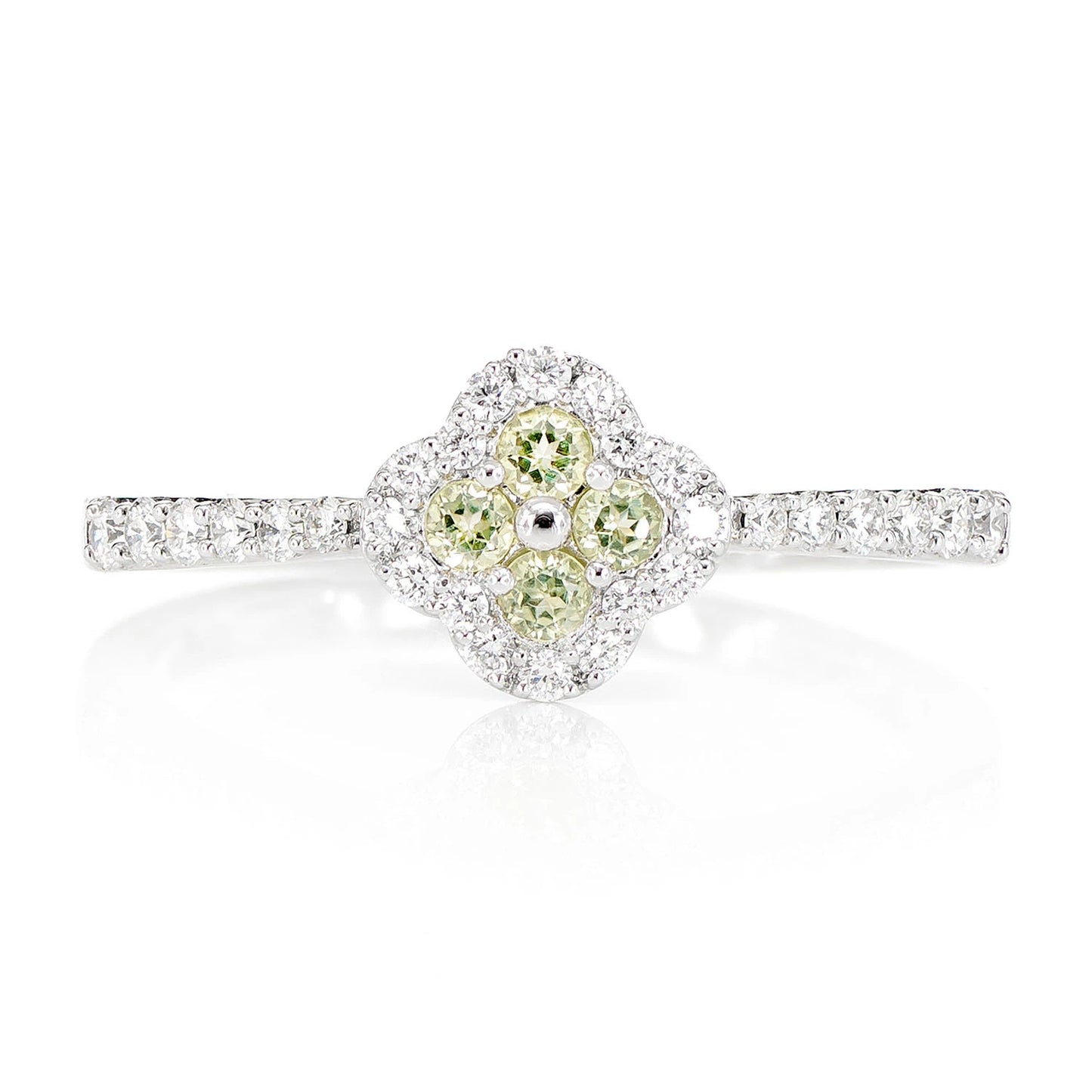 Clover Peridot Green and Diamond Cluster Halo Ring